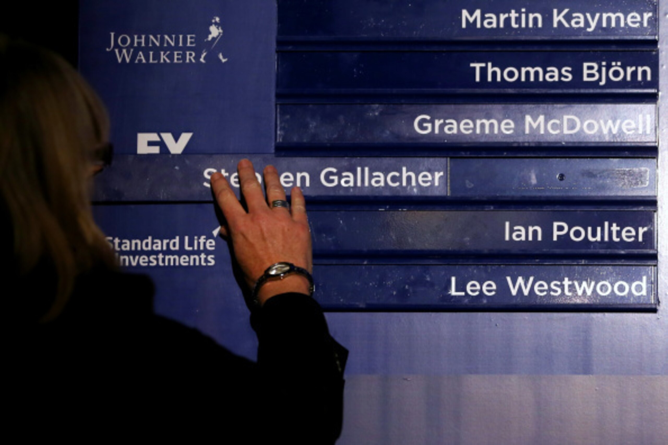 VIRGINIA WATER, ENGLAND - SEPTEMBER 02:  The names of Stephen Gallacher of Scotland, Ian Poulter of England and Lee Westwood of England are positioned in the final line-up of the European team as European Ryder Cup captain Paul McGinley of Ireland announc