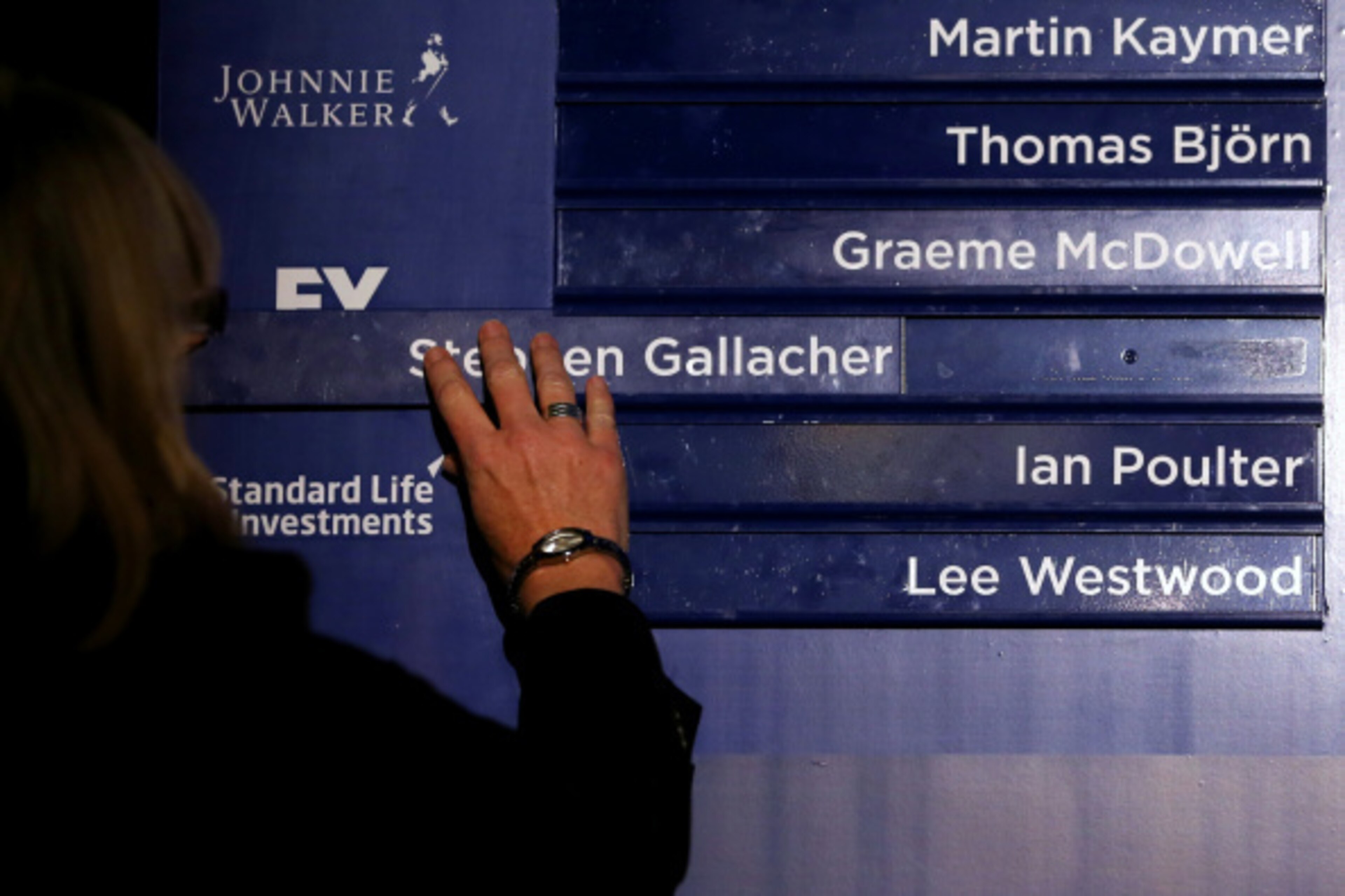 VIRGINIA WATER, ENGLAND - SEPTEMBER 02:  The names of Stephen Gallacher of Scotland, Ian Poulter of England and Lee Westwood of England are positioned in the final line-up of the European team as European Ryder Cup captain Paul McGinley of Ireland announc