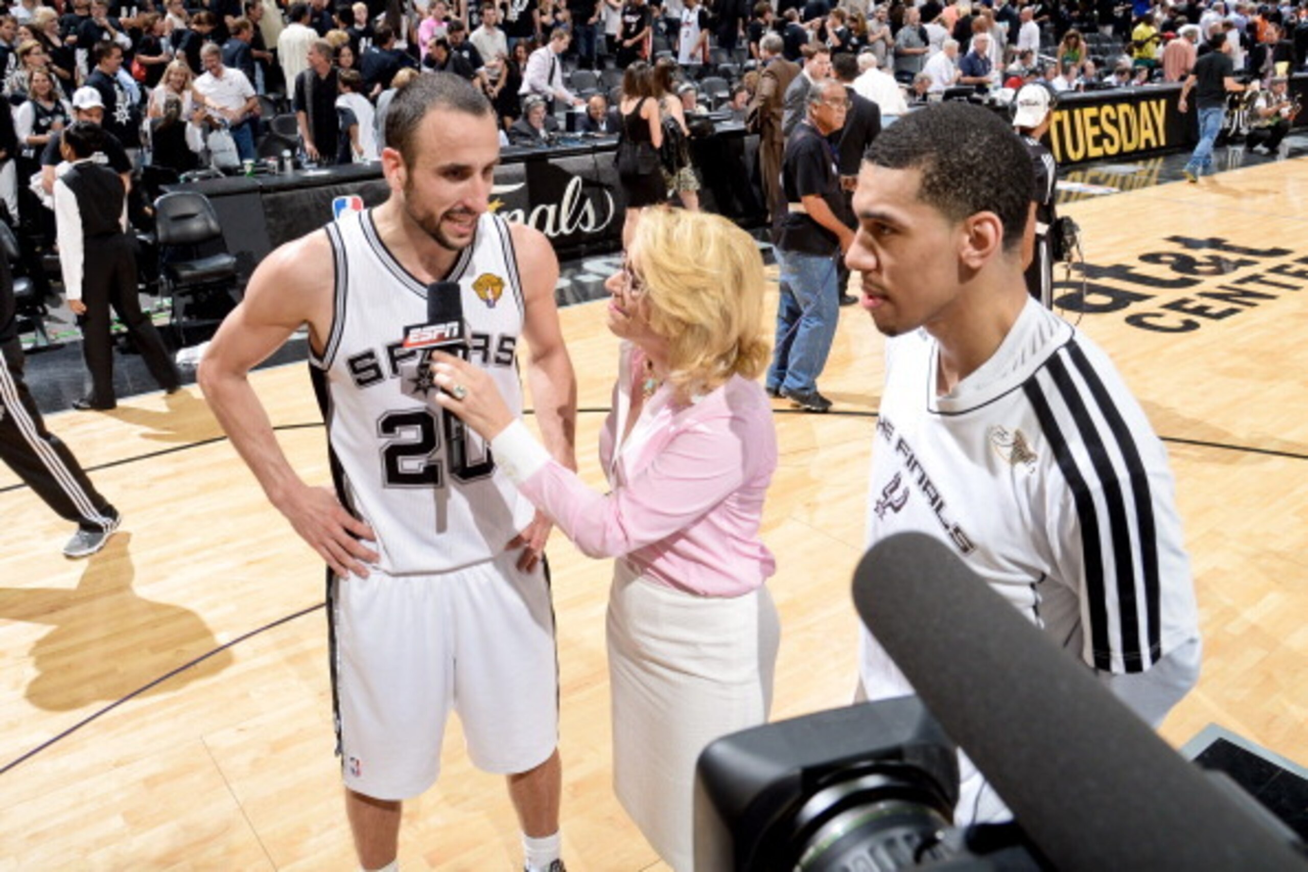 SAN ANTONIO, TX - JUNE 16: Manu Ginobili #20 and Danny Green #4 of the San Antonio Spurs give a post-game interview following their team's victory against the Miami Heat during Game Five of the 2013 NBA Finals on June 16, 2013 at AT&T Center in San Antoni