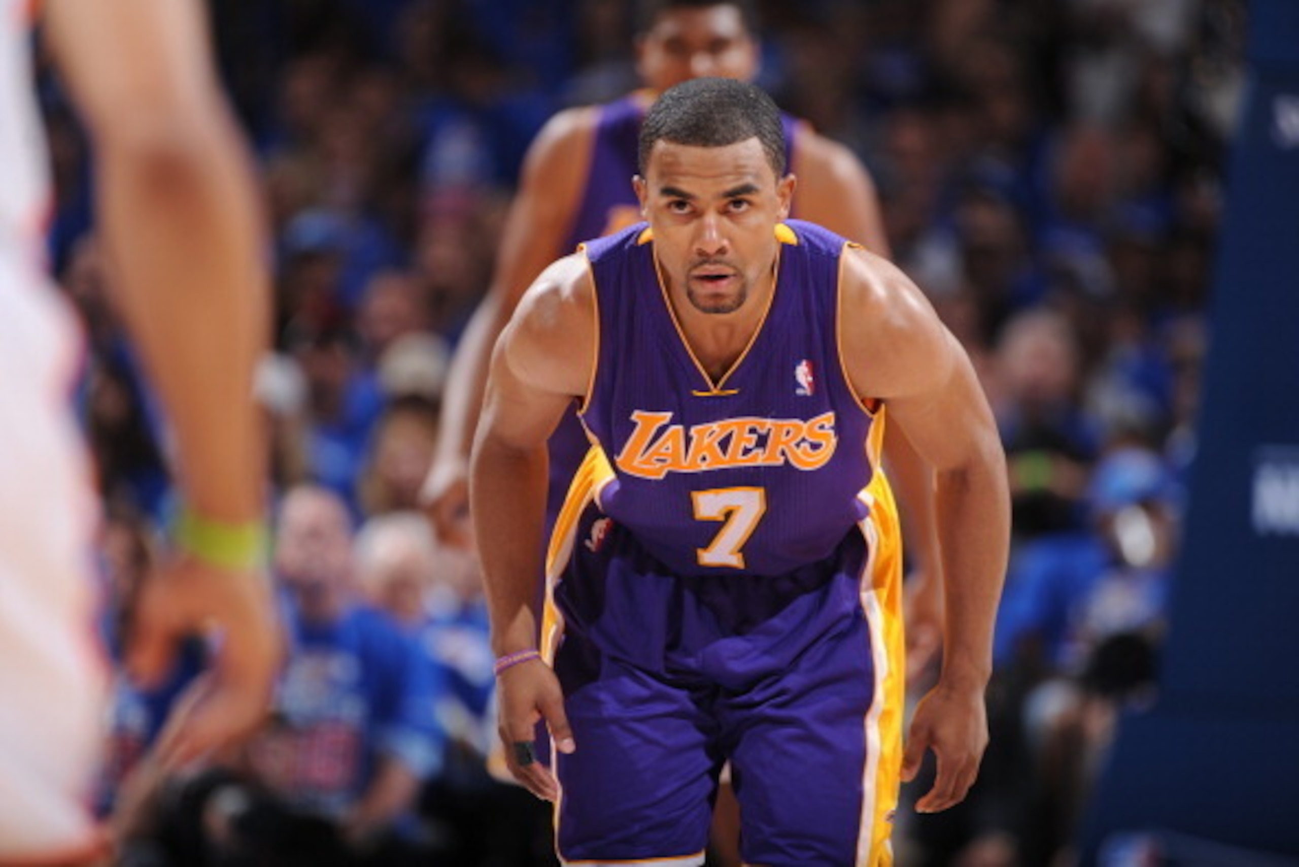 OKLAHOMA CITY, OK - MAY 21:  Ramon Sessions #7 of the Los Angeles Lakers looks on in Game Five of the Western Conference Semifinals between the Los Angeles Lakers and the Oklahoma City Thunder during the 2012 NBA Playoffs on May 21, 2012 at the Chesapeake