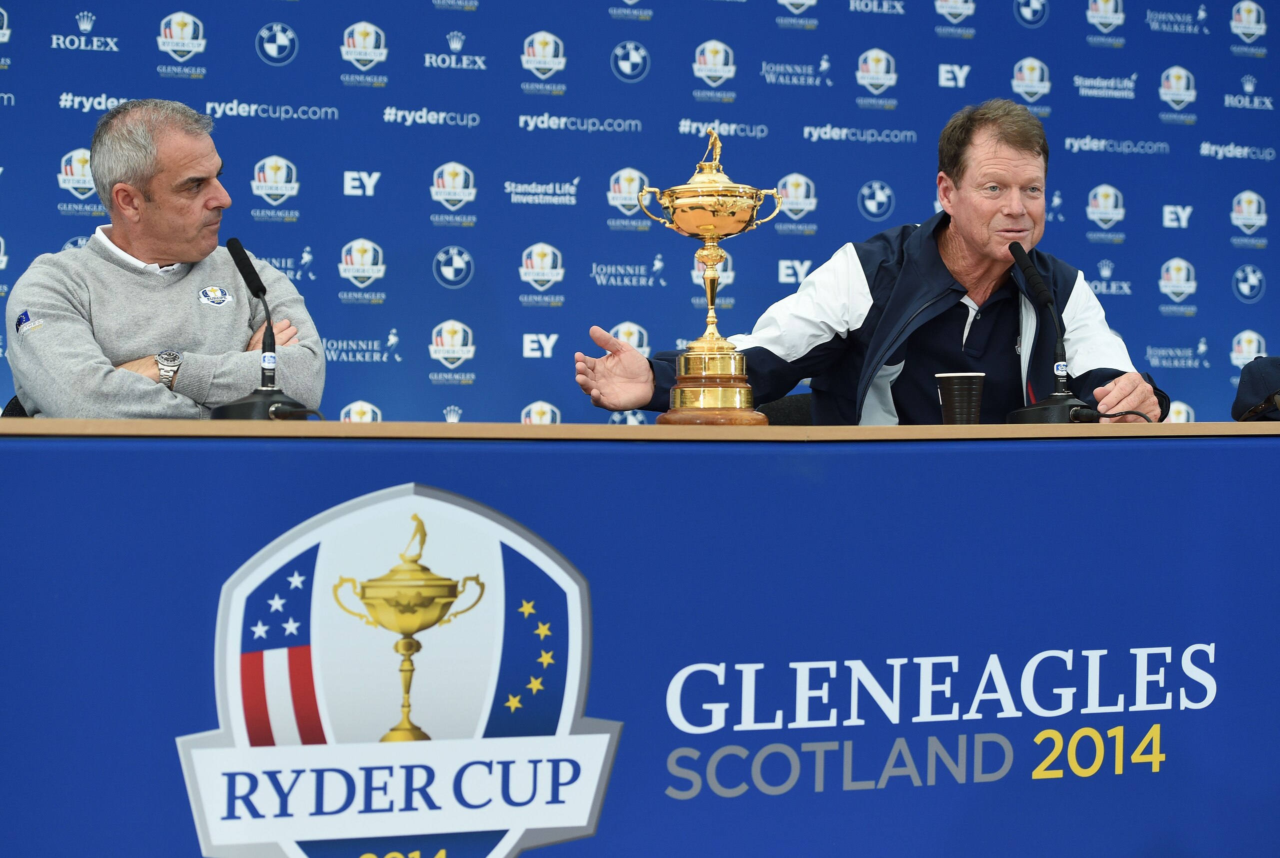Sep 22, 2014;  Gleneagles, Perthshire, SCT; American team captain Tom Watson with European captain Paul McGinley, left,  speaks at the Ryder Cup- Captains Press Conference for the 2014 Ryder Cup at The Gleneagles Hotel-PGA Centenary Course. Mandatory Cred