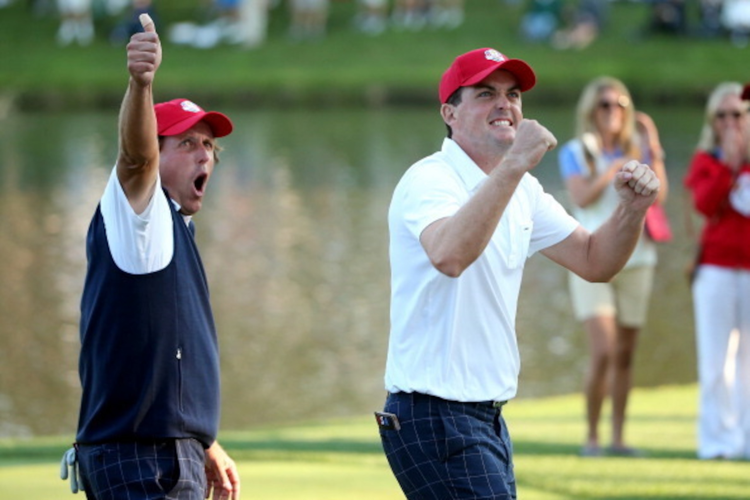 MEDINAH, IL - SEPTEMBER 28:  Phil Mickelson and Keegan Bradley of the USA celebrate on the 17th green after defeating the McIlroy/McDowell team 2&1 during the Afternoon Four-Ball Matches for The 39th Ryder Cup at Medinah Country Club on September 28, 2012