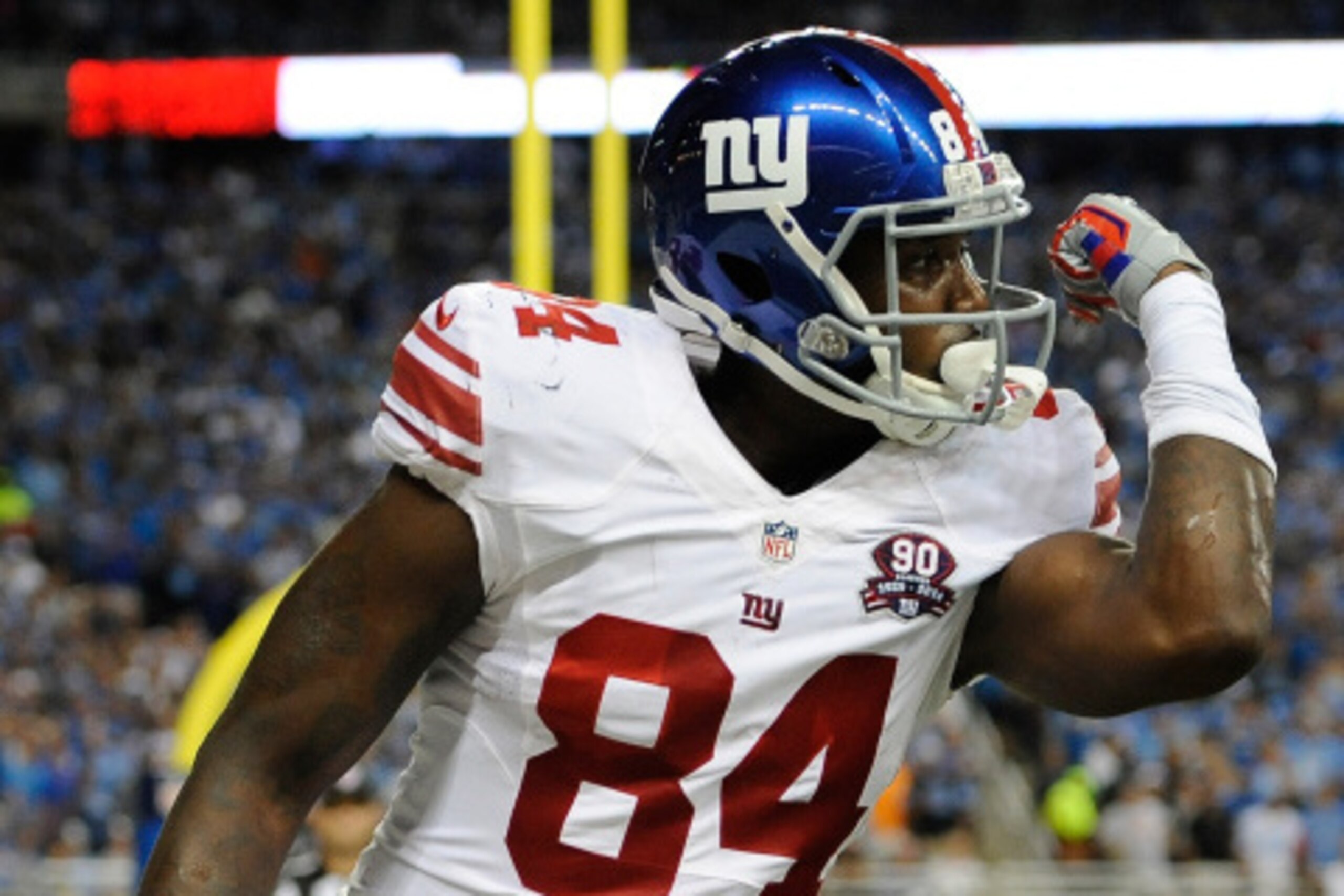 DETROIT, MI - SEPTEMBER 08: Larry Donnell #84 of the New York Giants celebrates his touchdown during the second quarter against the Detroit Lions at Ford Field on September 8, 2014 in Detroit, Michigan. (Photo by Joe Sargent/Getty Images)