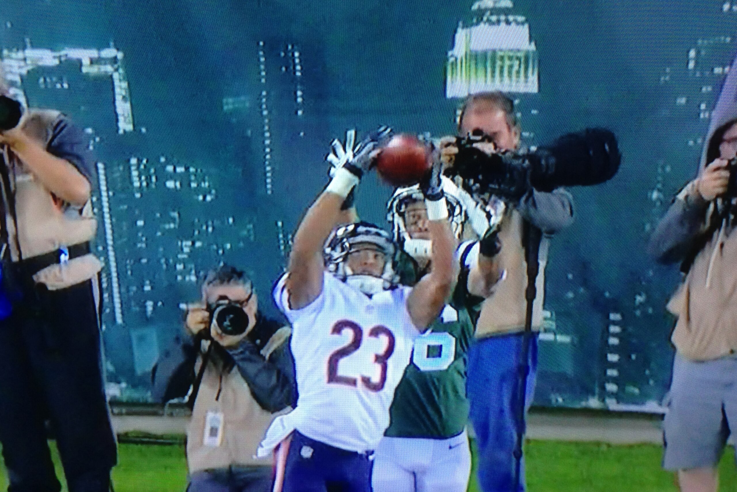 Fuller jumps the route and intercepts Geno Smith in the end zone.