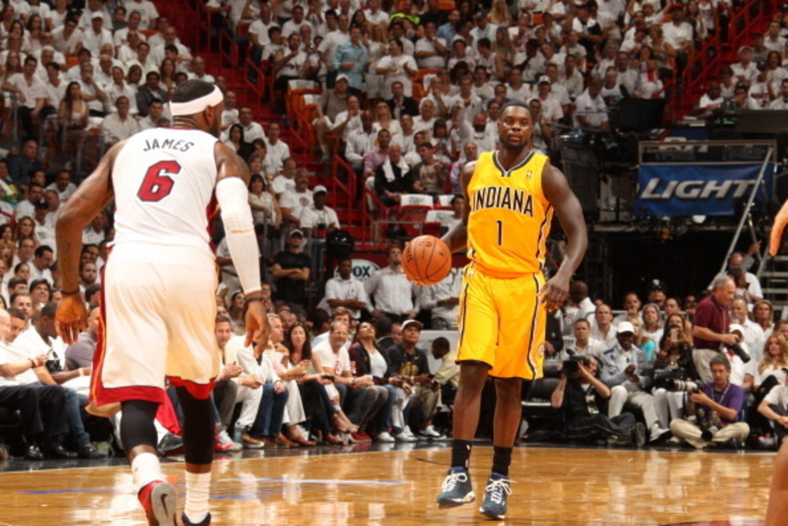 MIAMI, FL - MAY 30: Lance Stephenson #1 of the Indiana Pacers handles the ball against LeBron James #6 of the Miami Heat in Game Six of the Eastern Conference Finals during the 2014 NBA Playoffs on May 30, 2014 in Miami, Fl. NOTE TO USER: User expressly a