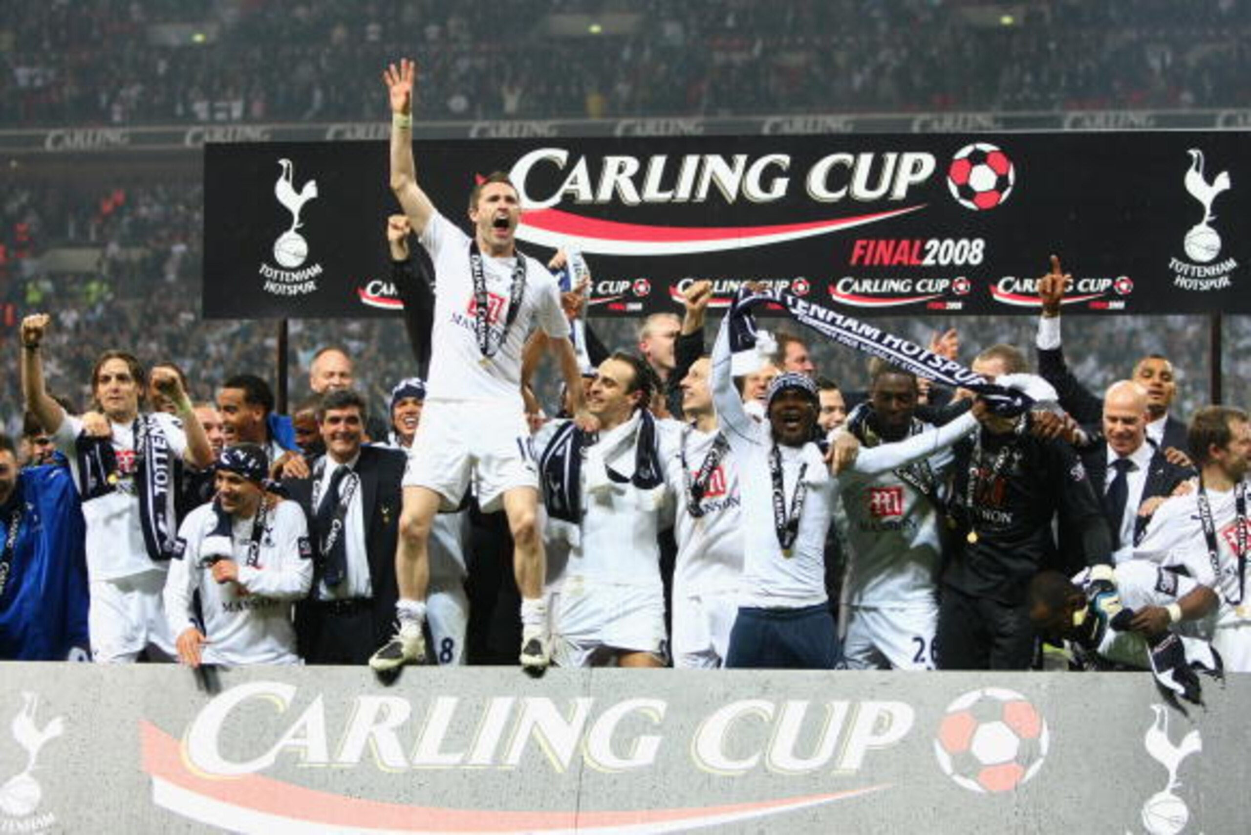 LONDON - FEBRUARY 24:  Robbie Keane of Tottenham Hotspur leads the celebrations following victory during the Carling Cup Final between Tottenham Hotspur and Chelsea at Wembley Stadium on February 24, 2008 in London, England. Tottenham Hotspur won 2-1 afte