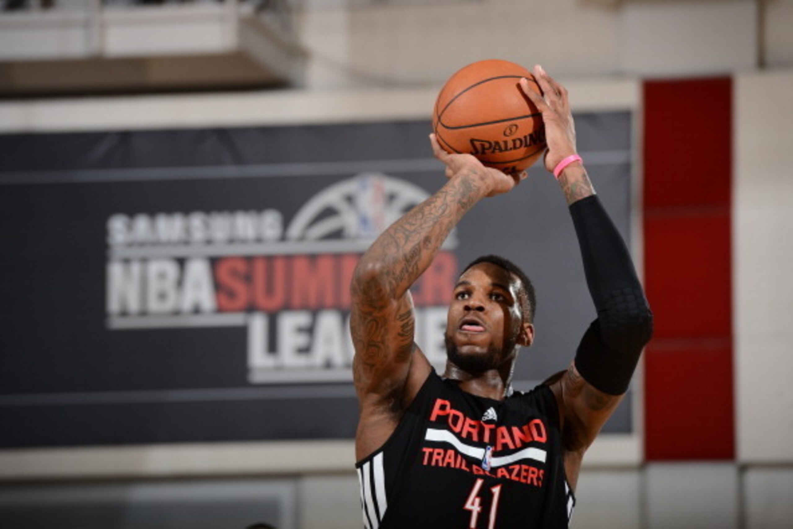 LAS VEGAS, NV - JULY 12: Thomas Robinson #41 of the Portland Trail Blazers takes a free throw against the New York Knicks at the Samsung NBA Summer League 2014 on July 12, 2014 at the Cox Pavilion in Las Vegas, Nevada. NOTE TO USER: User expressly acknowl
