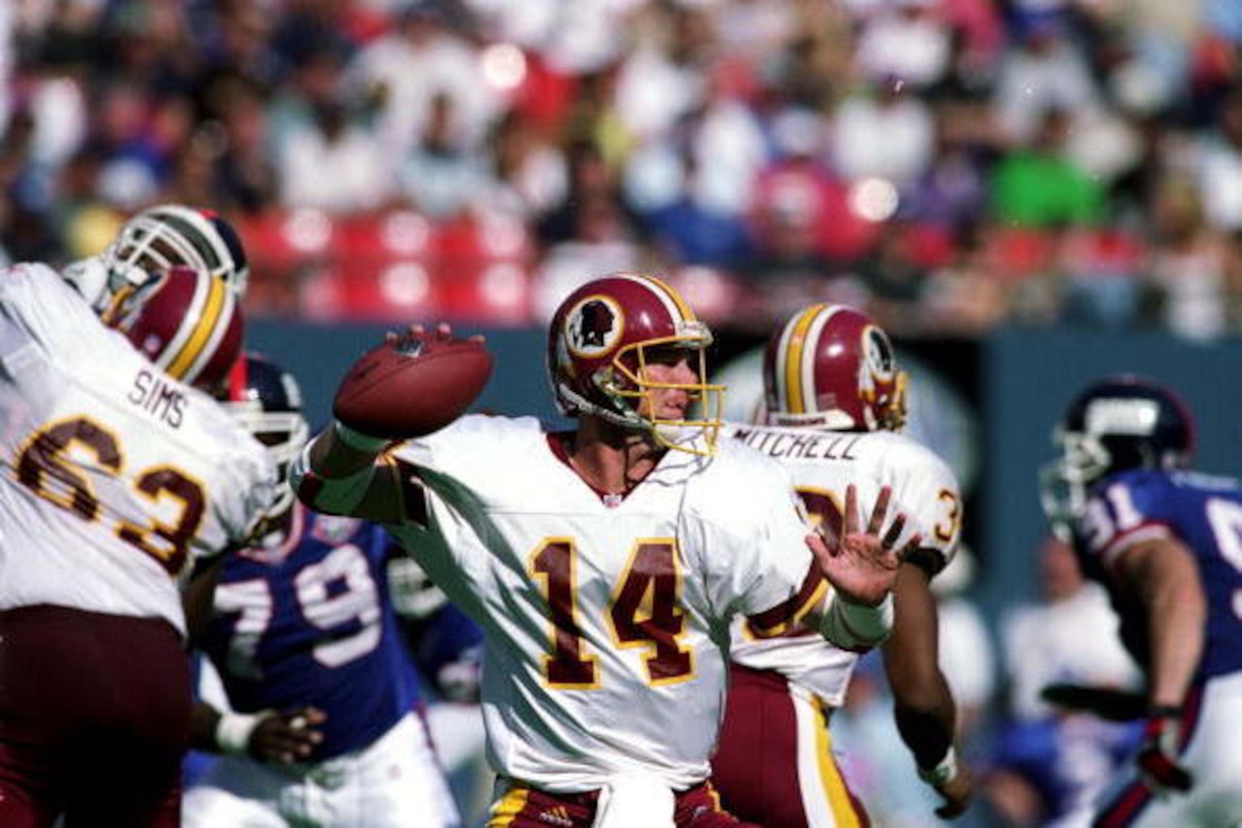 19 Sep 1999: Brad Johnson #14 of the Washington Redskins gets ready to pass the ball during a game against the New York Giants at the Giants Stadium in East Rutherford, New Jersey. The Redskins defeated the Giants 50-21. Mandatory Credit: Ezra O. Shaw / 19 Sep 1999: Brad Johnson #14 of the Washington Redskins gets ready to pass the ball during a game against the New York Giants at the Giants Stadium in East Rutherford, New Jersey. The Redskins defeated the Giants 50-21. Mandatory Credit: Ezra O. Shaw /
