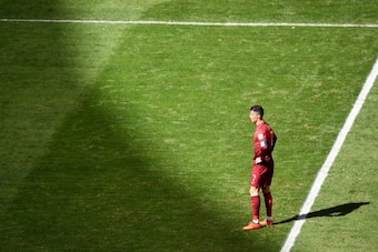 BRASILIA, BRAZIL - JUNE 26:  Cristiano Ronaldo of Portugal looks on during the 2014 FIFA World Cup Brazil Group G match between Portugal and Ghana at Estadio Nacional on June 26, 2014 in Brasilia, Brazil.  (Photo by Christopher Lee/Getty Images)