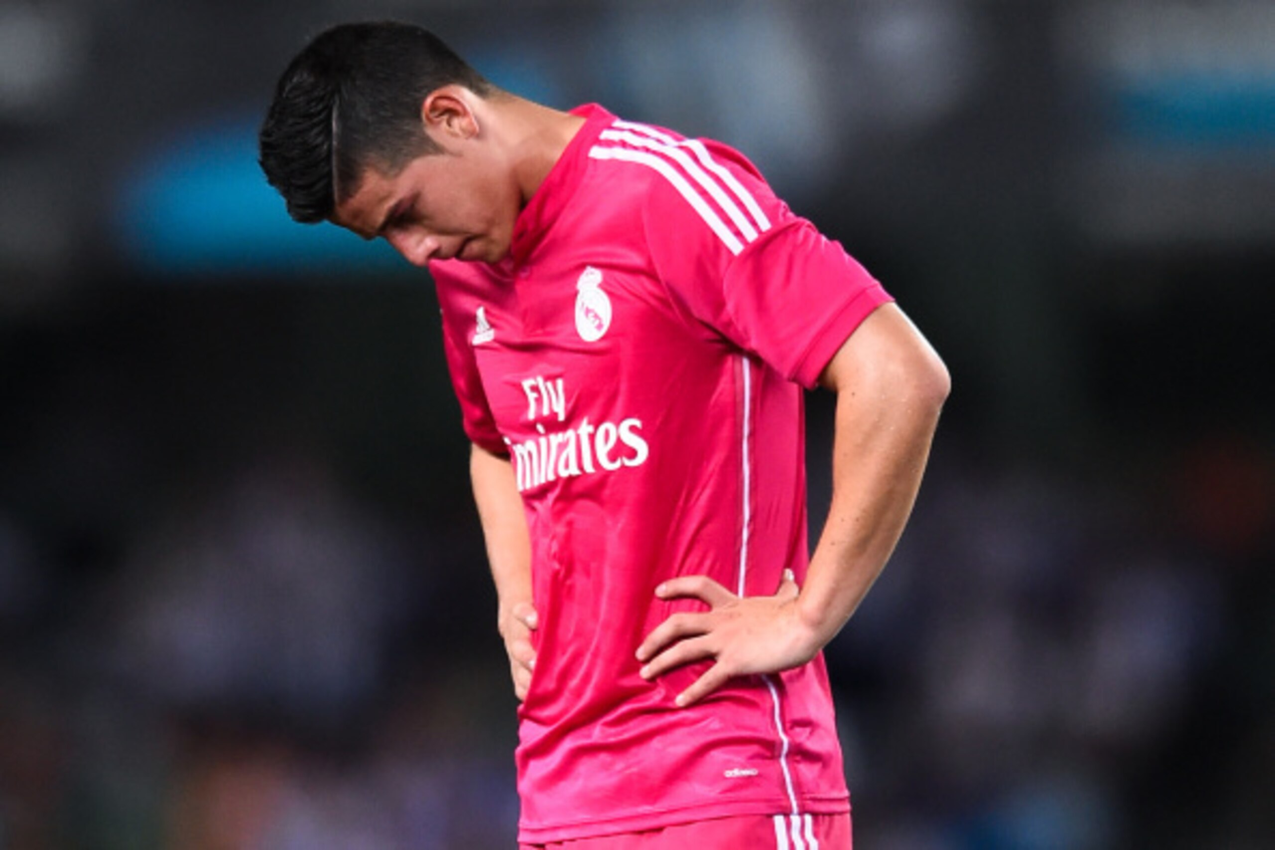 SAN SEBASTIAN, SPAIN - AUGUST 31:  James Rodriguez of Real Madrid CF reacts during the La Liga match between Real Sociedad de Futbol and Real Madrid CF at Estadio Anoeta on August 31, 2014 in San Sebastian, Spain.  (Photo by David Ramos/Getty Images)