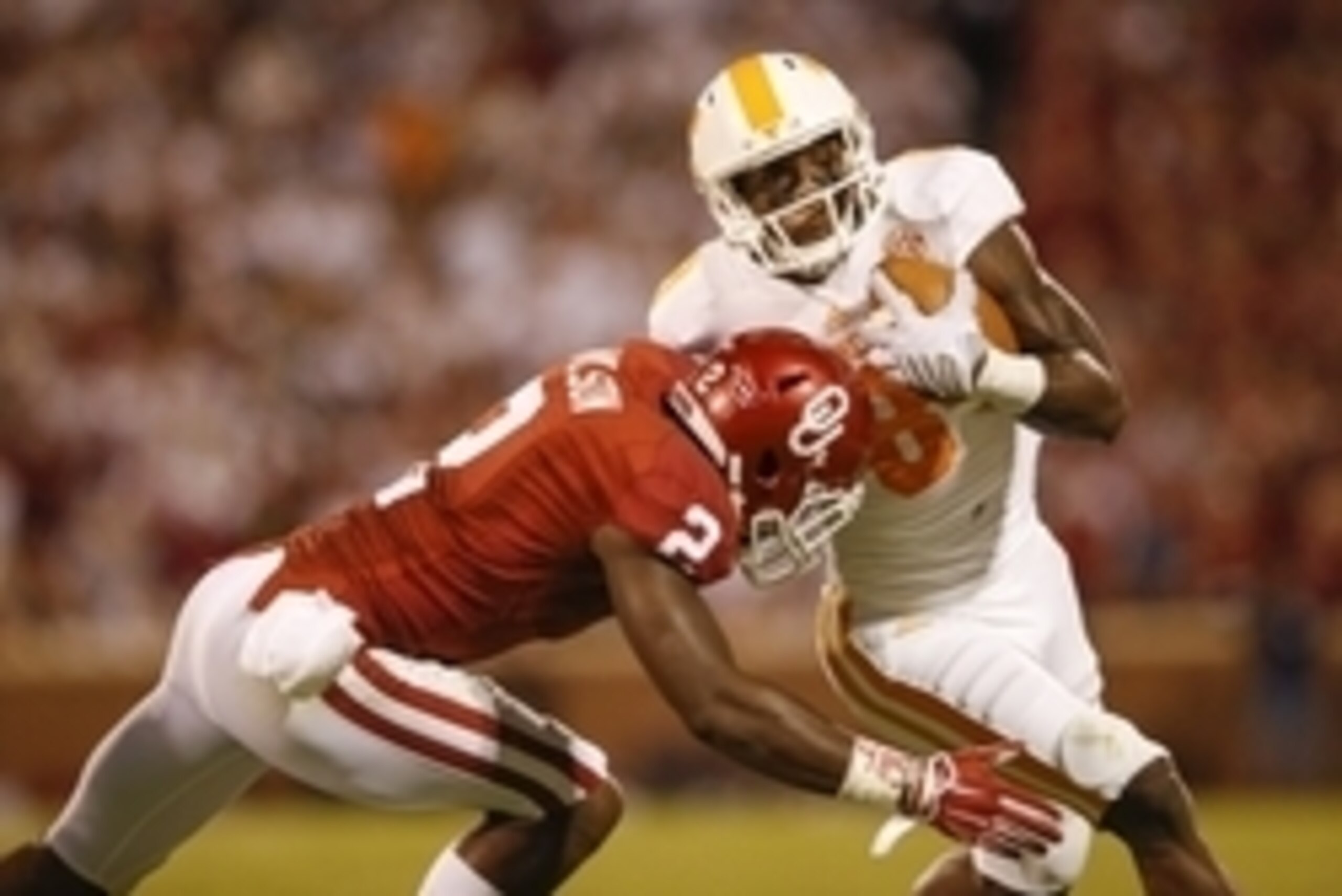 Sep 13, 2014; Norman, OK, USA; Tennessee Volunteers wide receiver Marquez North (8) is tackled by Oklahoma Sooners cornerback Julian Wilson (2) during the game at Gaylord Family - Oklahoma Memorial Stadium. Mandatory Credit: Kevin Jairaj-USA TODAY Sports Sep 13, 2014; Norman, OK, USA; Tennessee Volunteers wide receiver Marquez North (8) is tackled by Oklahoma Sooners cornerback Julian Wilson (2) during the game at Gaylord Family - Oklahoma Memorial Stadium. Mandatory Credit: Kevin Jairaj-USA TODAY Sports