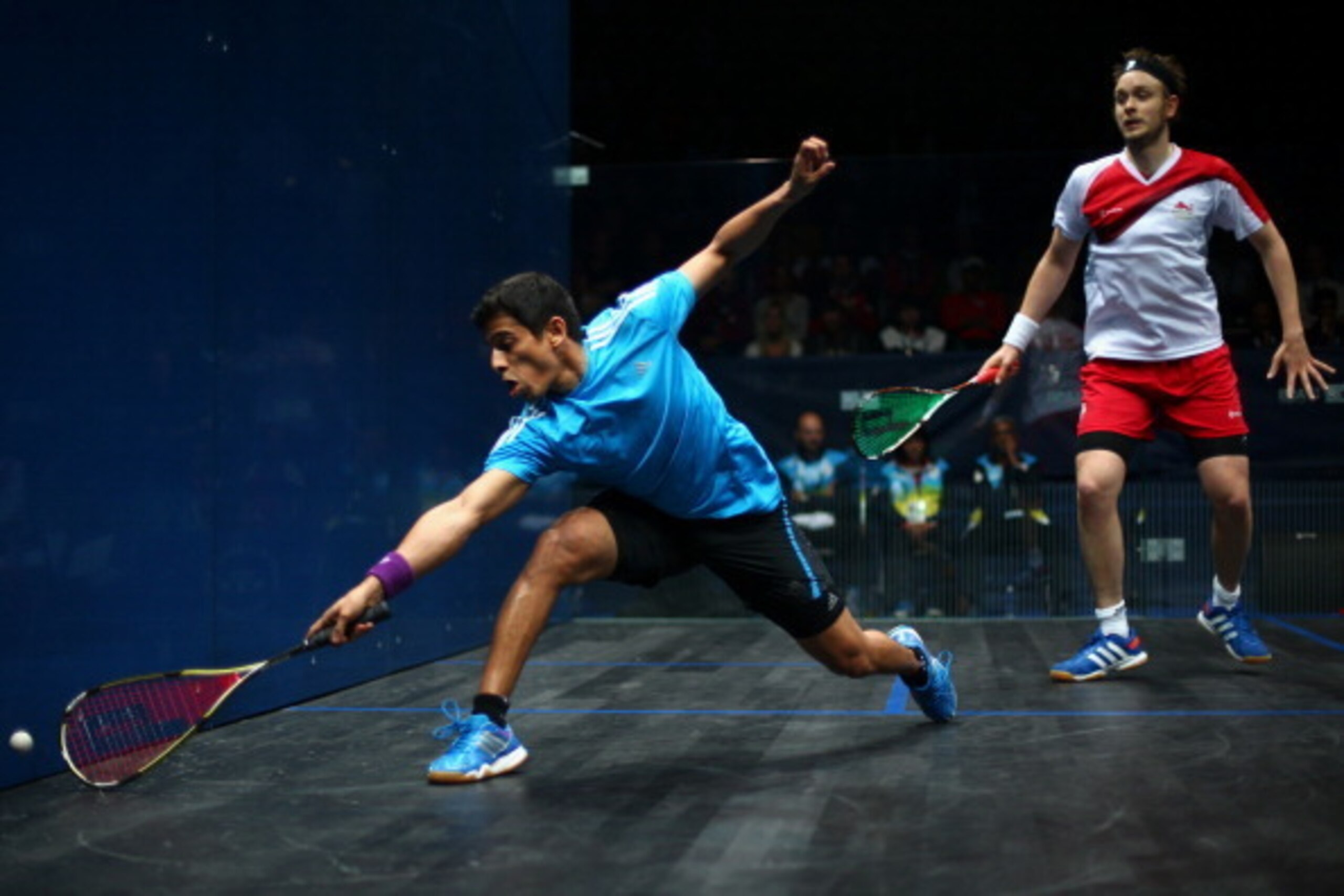 GLASGOW, SCOTLAND - JULY 27:  Saurav Ghosal of India plays a forehand during the Men's Singles semi-final match between James Willstrop of England and Saurav Ghosal of India at Scotstoun Sports Campus during day four of the Glasgow 2014 Commonwealth Games