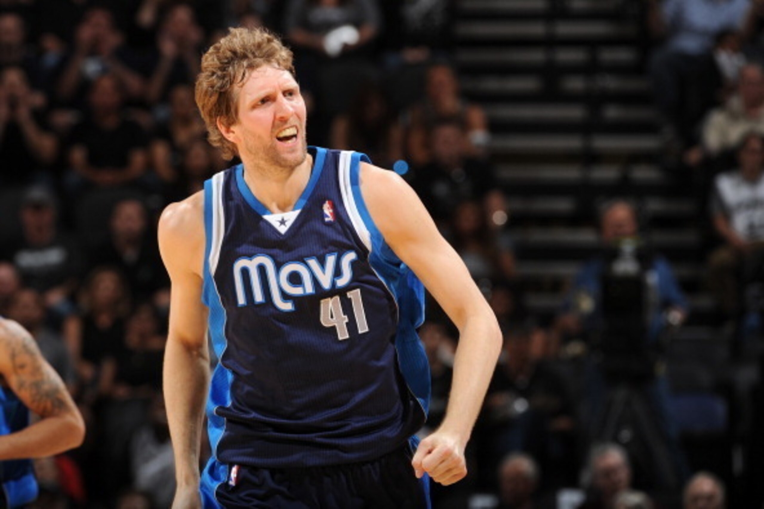 SAN ANTONIO, TX - APRIL 30: Dirk Nowitzki #41 of the Dallas Mavericks gets pumped up against the San Antonio Spurs in Game Five of the Western Conference Quarterfinals during the 2014 NBA Playoffs on April 30, 2014 at the AT&T Center in San Antonio, Texas