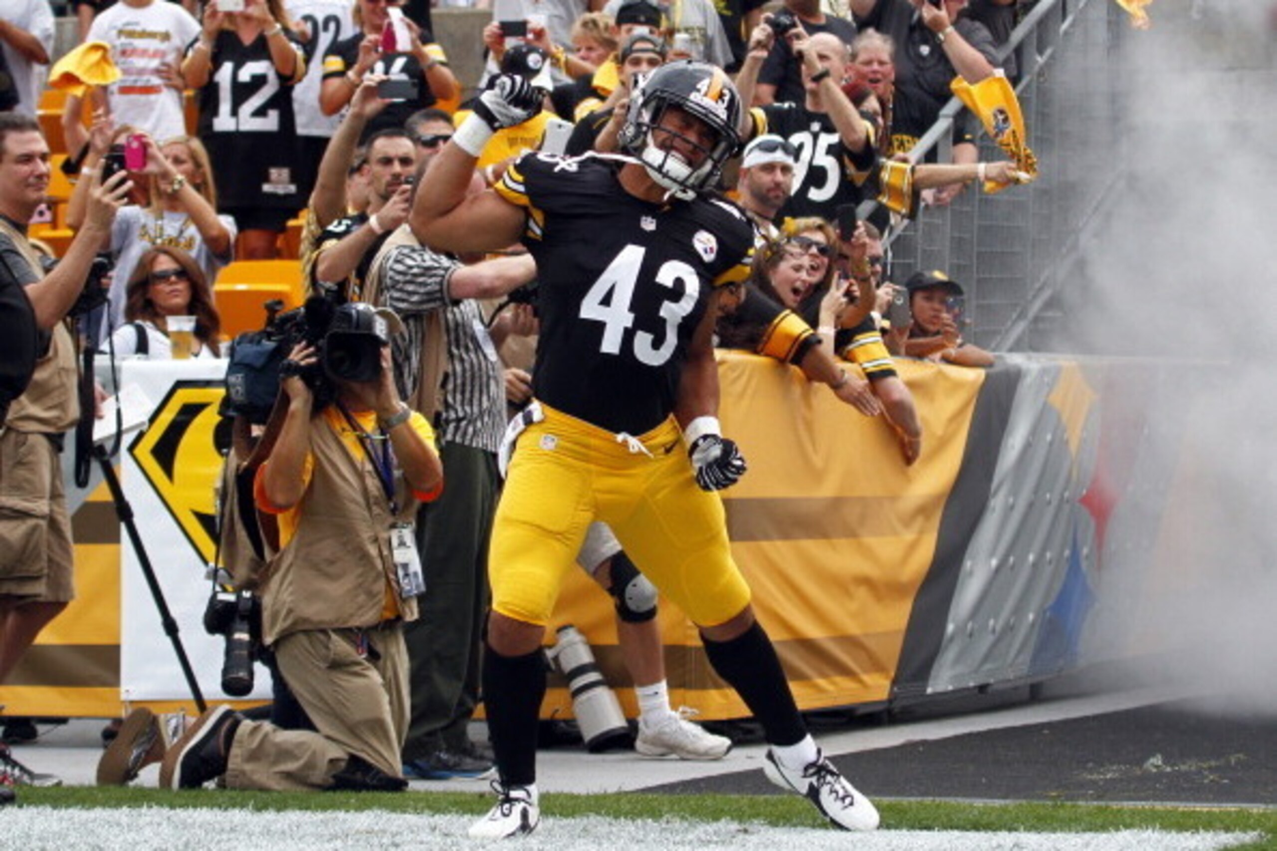 PITTSBURGH, PA - SEPTEMBER 08:  Troy Polamalu #43 of the Pittsburgh Steelers is introduced before the game against the Tennessee Titans on September 8, 2013 at Heinz Field in Pittsburgh, Pennsylvania.  (Photo by Justin K. Aller/Getty Images)