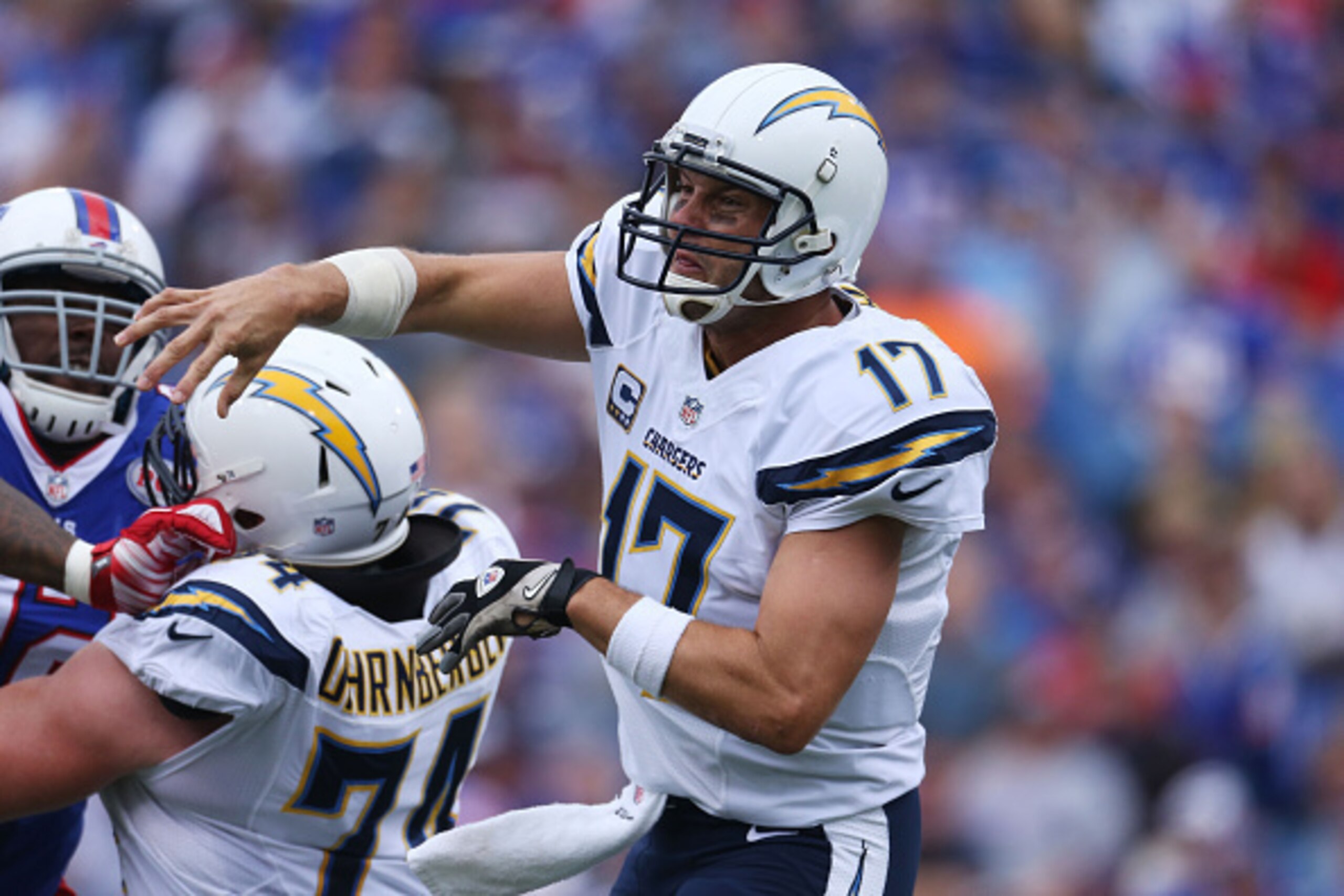 ORCHARD PARK, NY - SEPTEMBER 21:   Philip Rivers #17 of the San Diego Chargers throws the ball against the Buffalo Bills during the first half at Ralph Wilson Stadium on September 21, 2014 in Orchard Park, New York.  (Photo by Tom Szczerbowski/Getty Image