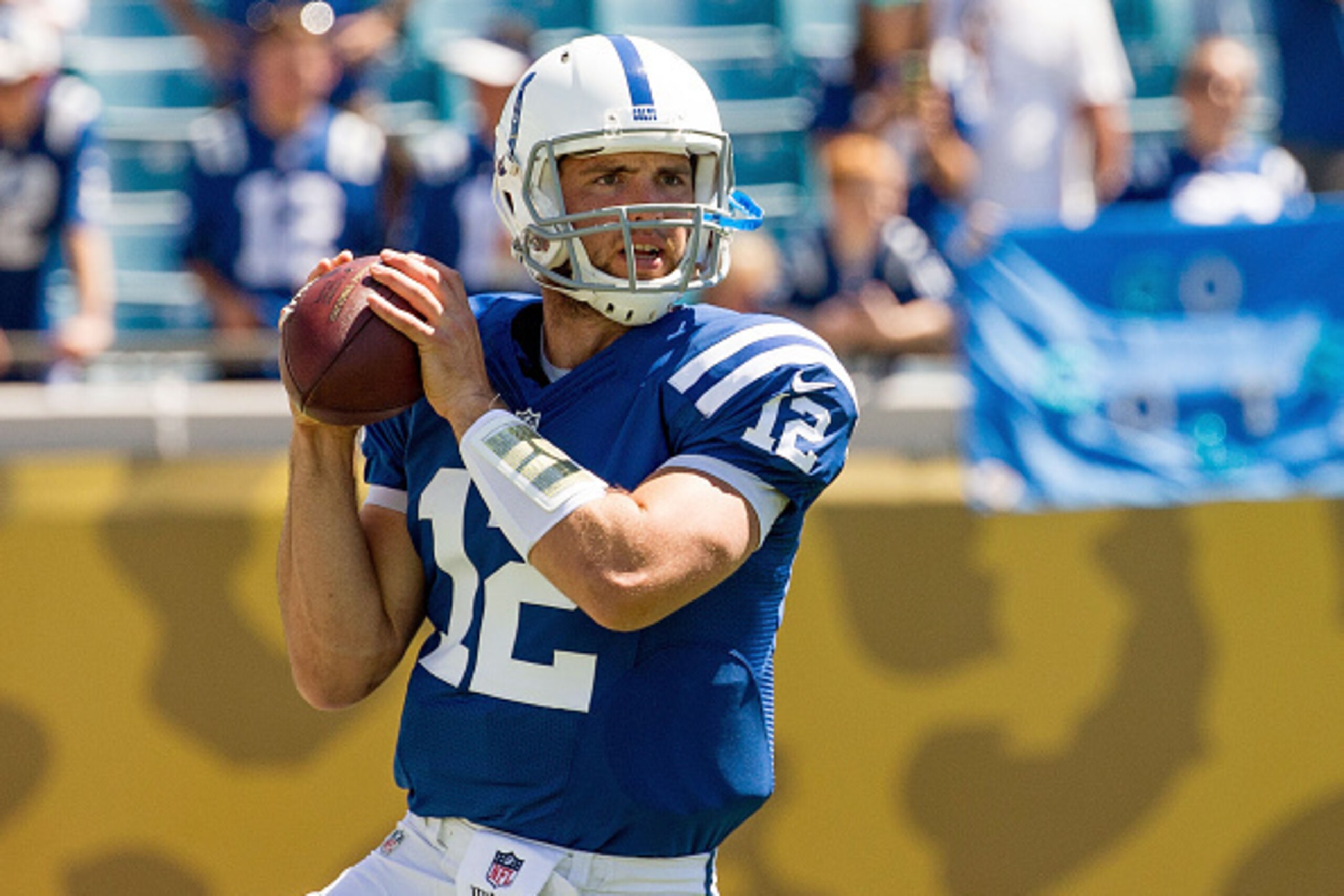 JACKSONVILLE, FL - SEPTEMBER 21: Andrew Luck #12 of the Indianapolis Colts warms up before the game against the Jacksonville Jaguars at EverBank Field on September 21, 2014 in Jacksonville, Florida.  (Photo by Rob Foldy/Getty Images)