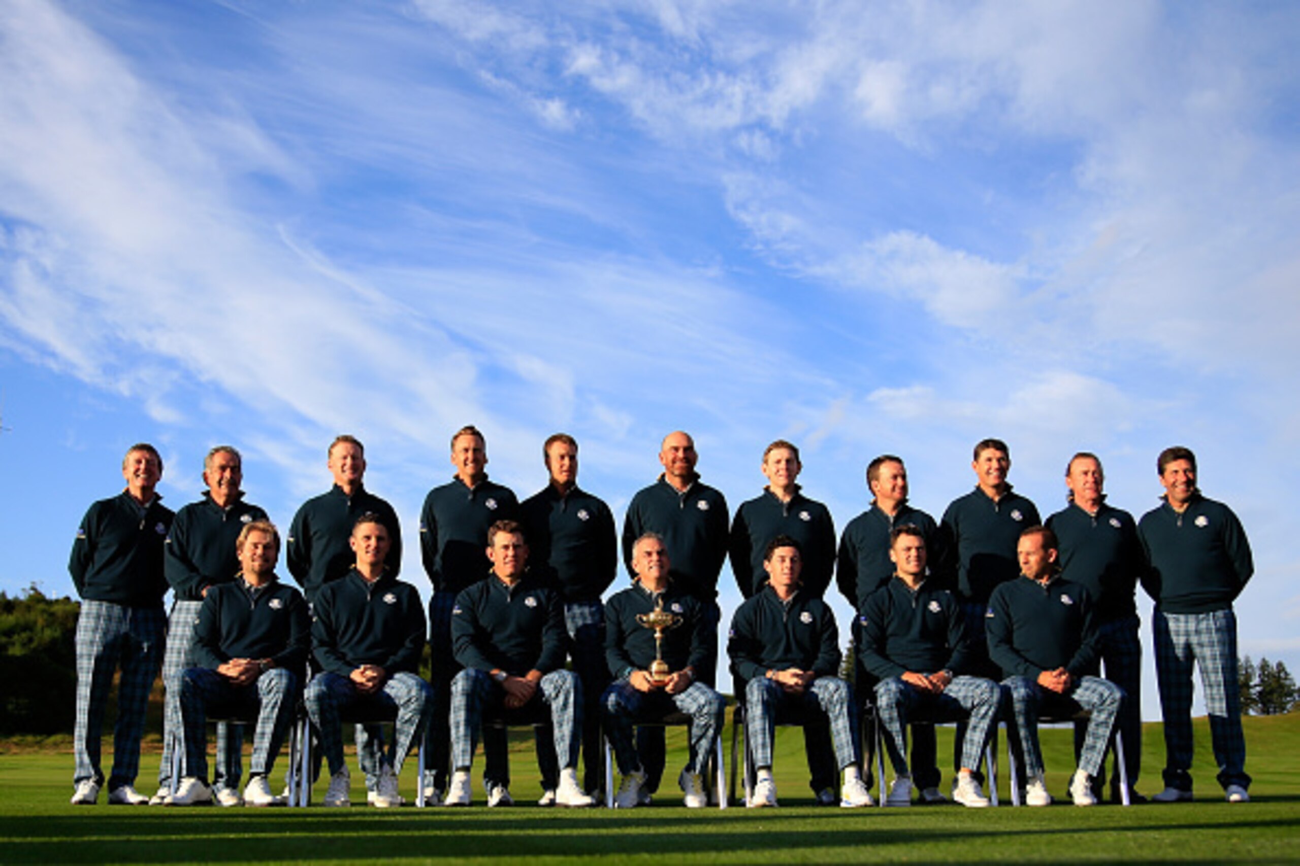AUCHTERARDER, SCOTLAND - SEPTEMBER 23:  (back row L-R) Europe team vice captain Des Smyth, Europe team vice captain Sam Torrance, Jamie Donaldson, Ian Poulter, Henrik Stenson, Thomas Bjorn, Stephen Gallacher, Graeme McDowell, Europe team vice captain Padr