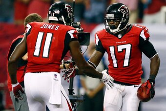 ATLANTA, GA - SEPTEMBER 18: Wide receiver Devin Hester #17 celebrates a touchdown with wide receiver Julio Jones #11 of the Atlanta Falcons against the Tampa Bay Buccaneers during a game at the Georgia Dome on September 18, 2014 in Atlanta, Georgia.  (Pho