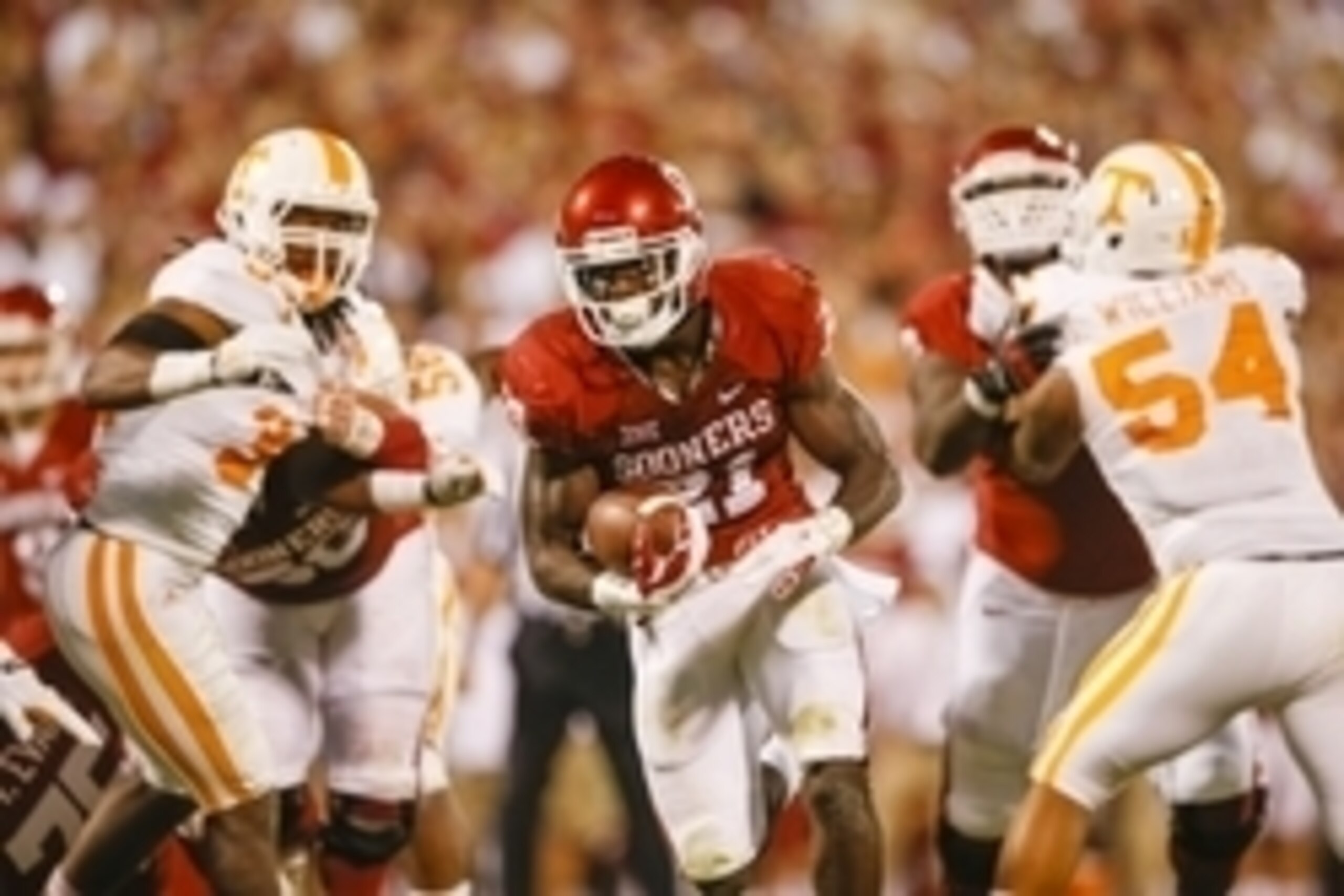 Sep 13, 2014; Norman, OK, USA; Oklahoma Sooners running back Keith Ford (21) during the game against the Tennessee Volunteers at Gaylord Family - Oklahoma Memorial Stadium. Mandatory Credit: Kevin Jairaj-USA TODAY Sports