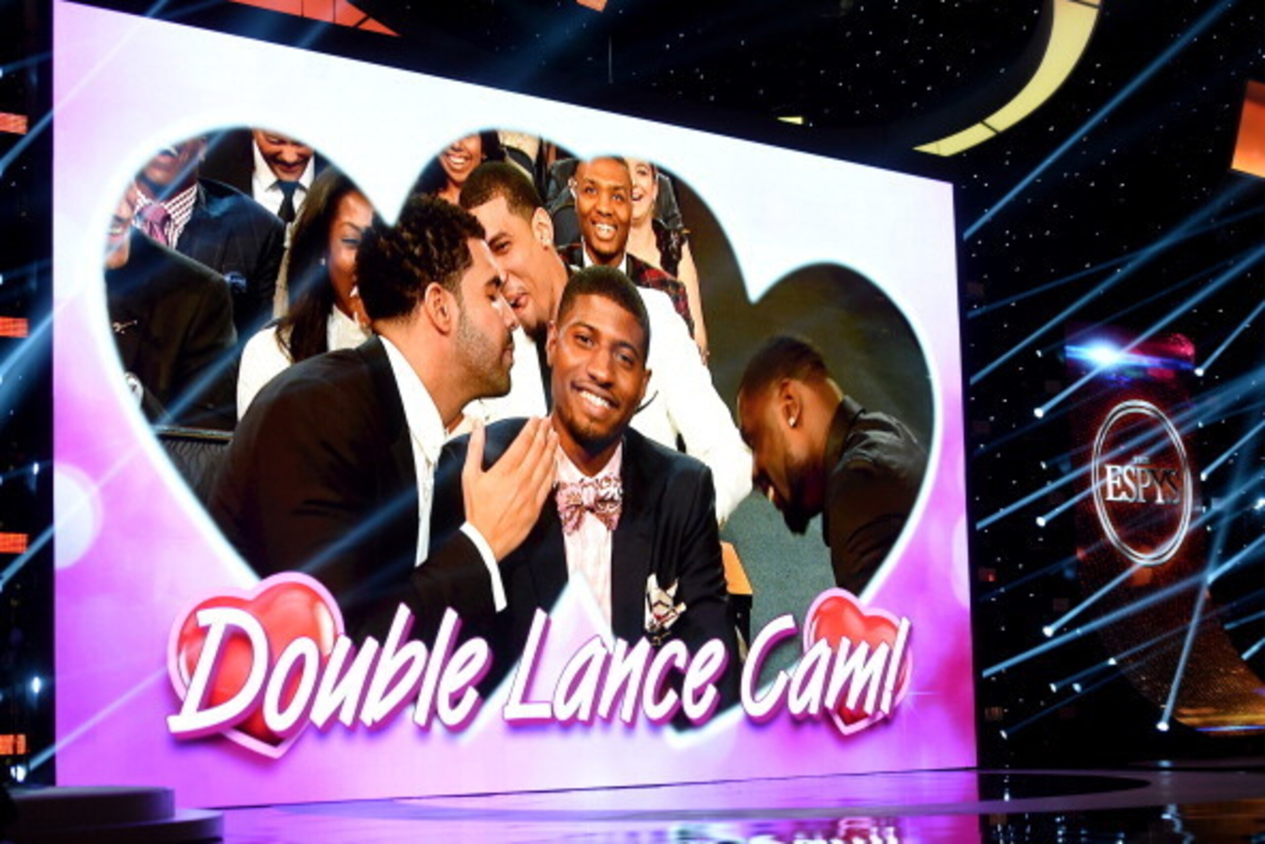 LOS ANGELES, CA - JULY 16:  (L-R) Host Drake and NBA players Paul George and Lance Stephenson onstage during The 2014 ESPYS at Nokia Theatre L.A. Live on July 16, 2014 in Los Angeles, California.  (Photo by Michael Buckner/Getty Images For ESPYS)