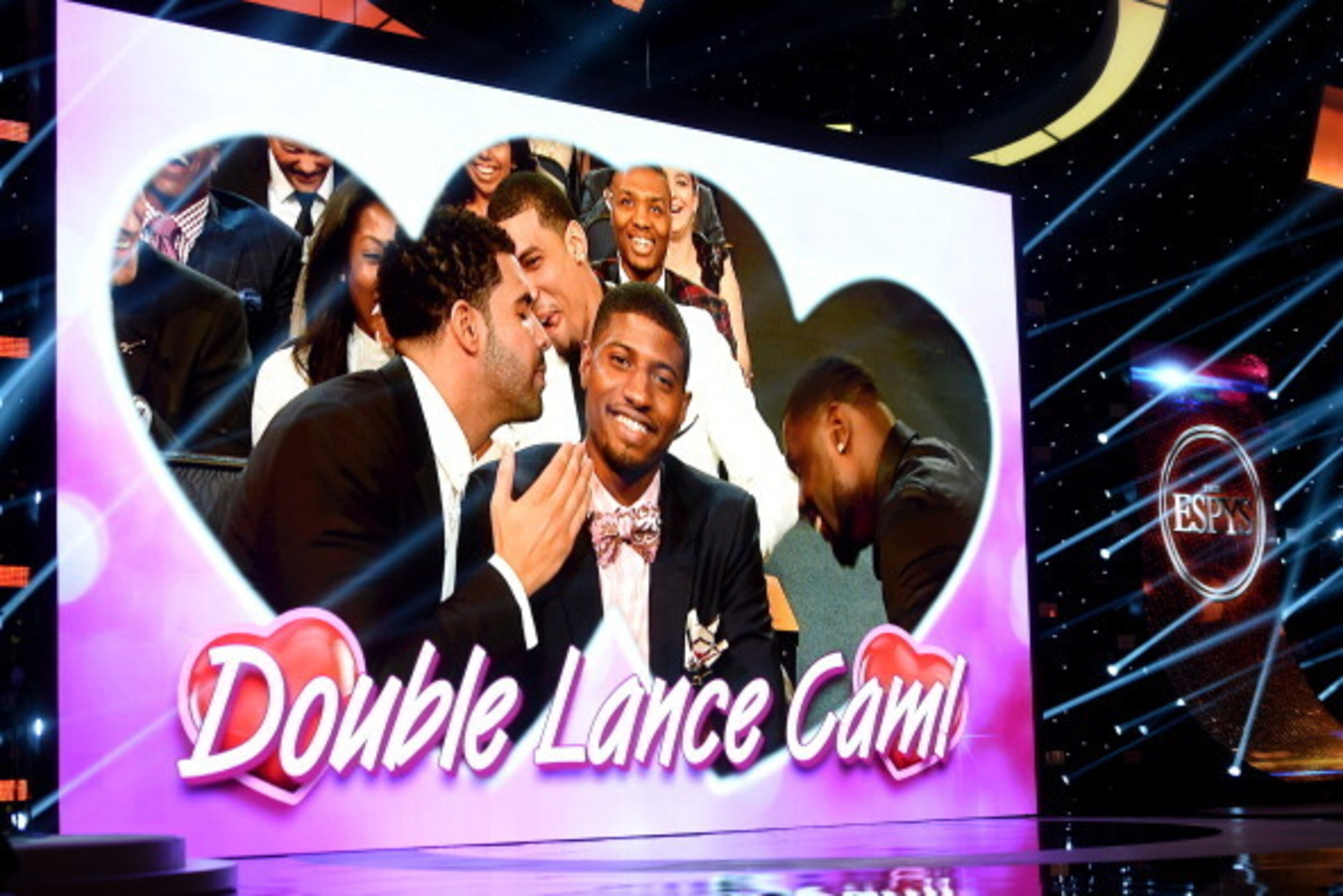 LOS ANGELES, CA - JULY 16:  (L-R) Host Drake and NBA players Paul George and Lance Stephenson onstage during The 2014 ESPYS at Nokia Theatre L.A. Live on July 16, 2014 in Los Angeles, California.  (Photo by Michael Buckner/Getty Images For ESPYS)