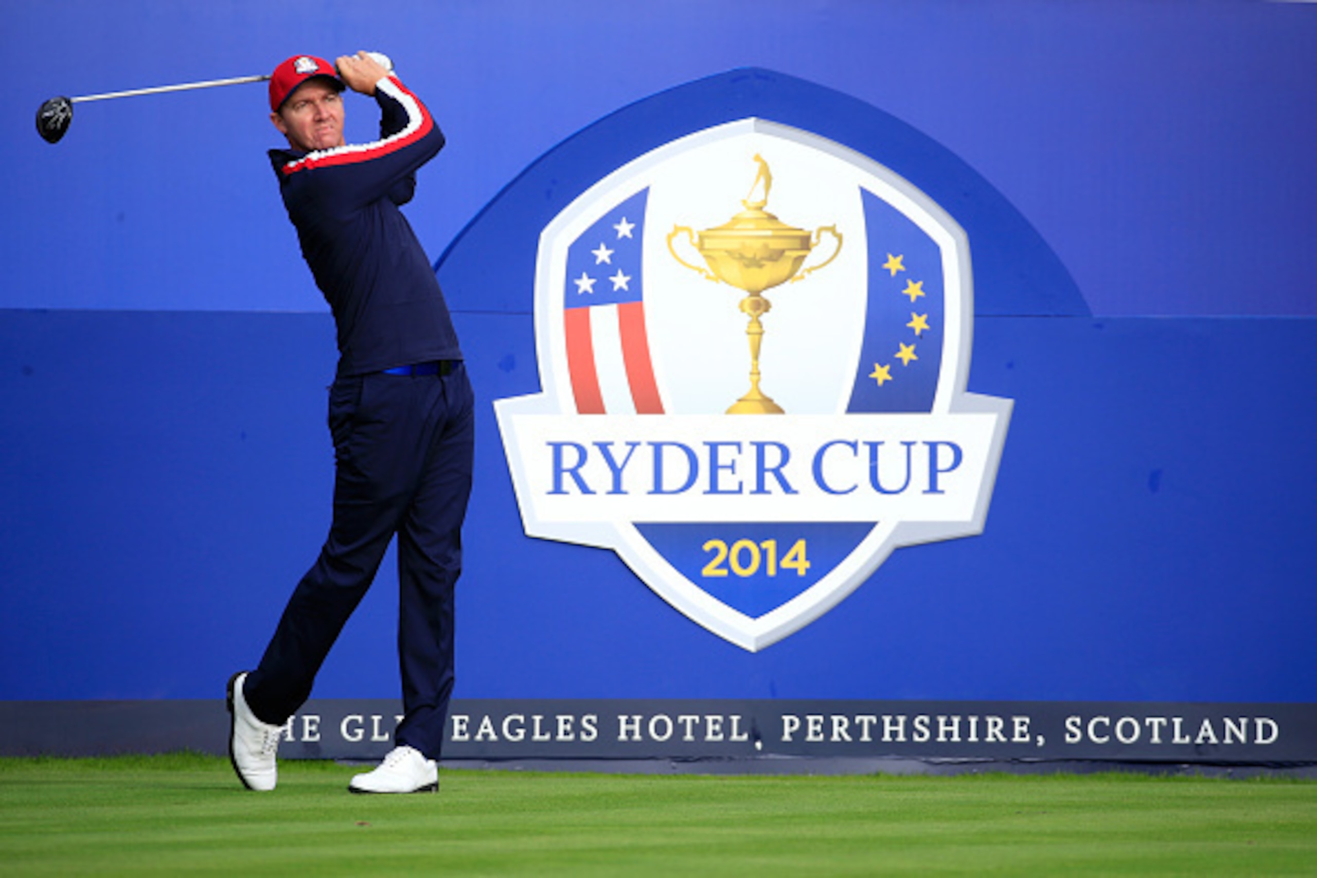 AUCHTERARDER, SCOTLAND - SEPTEMBER 23: Jimmy Walker of the United States tees off on the 1st hole during practice ahead of the 2014 Ryder Cup on the PGA Centenary course at the Gleneagles Hotel on September 23, 2014 in Auchterarder, Scotland.  (Photo by J
