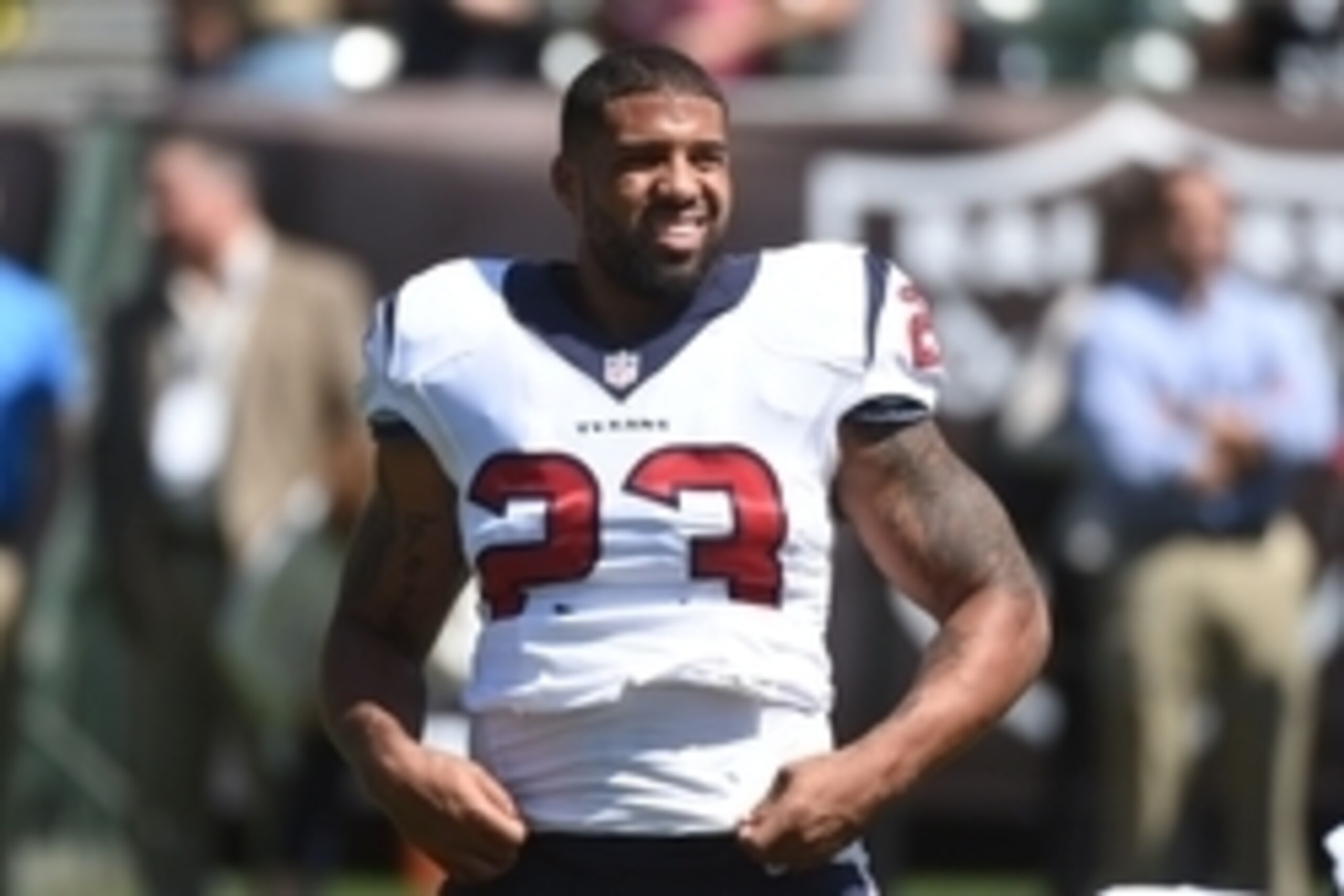 September 14, 2014; Oakland, CA, USA; Houston Texans running back Arian Foster (23) stretches before the game against the Oakland Raiders at O.co Coliseum. Mandatory Credit: Kyle Terada-USA TODAY Sports September 14, 2014; Oakland, CA, USA; Houston Texans running back Arian Foster (23) stretches before the game against the Oakland Raiders at O.co Coliseum. Mandatory Credit: Kyle Terada-USA TODAY Sports