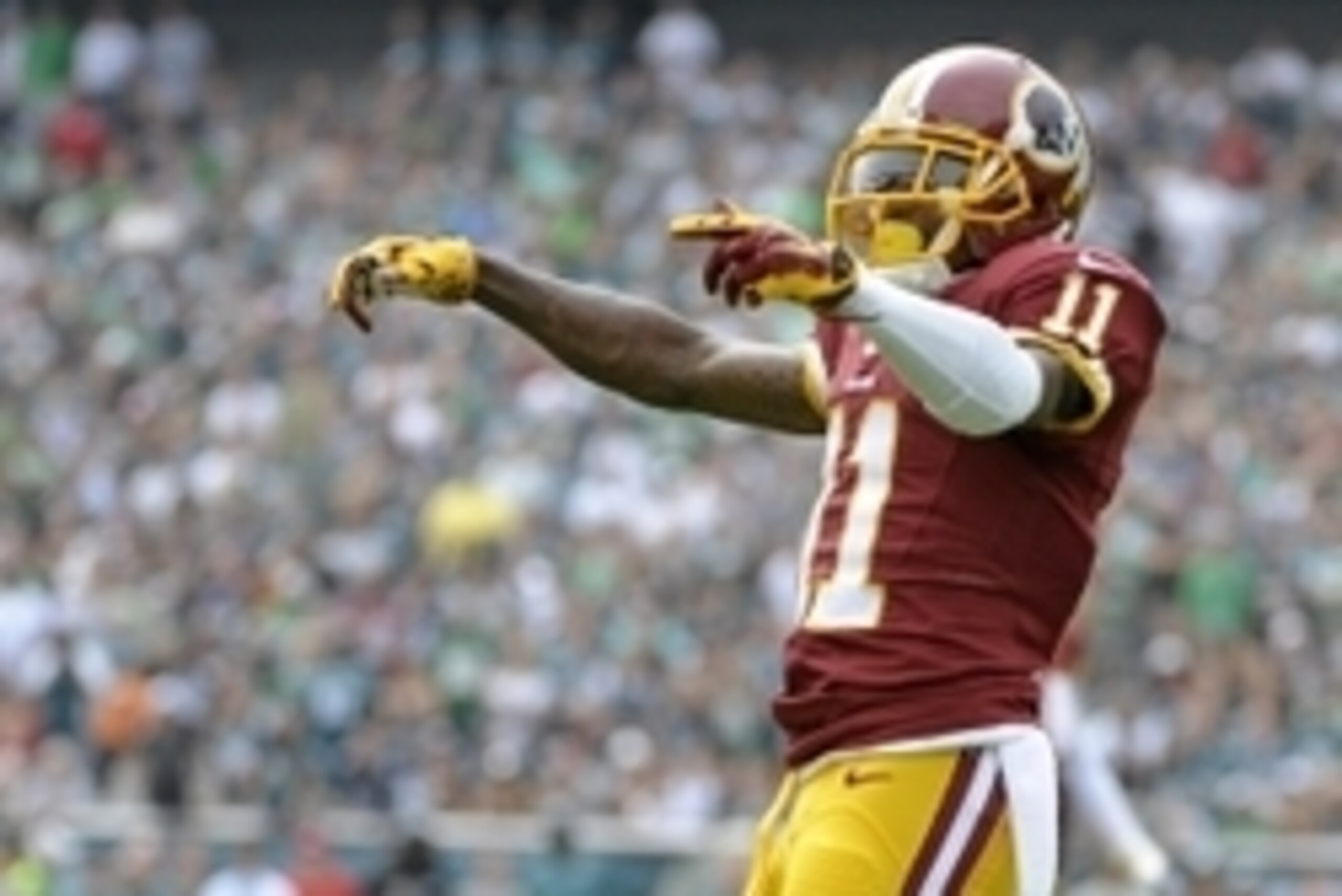 Sep 21, 2014; Philadelphia, PA, USA; Washington Redskins wide receiver DeSean Jackson (11) celebrates a catch against the Philadelphia Eagles at Lincoln Financial Field. The Eagles defeated the Redskins, 37-34. Mandatory Credit: Eric Hartline-USA TODAY Sp