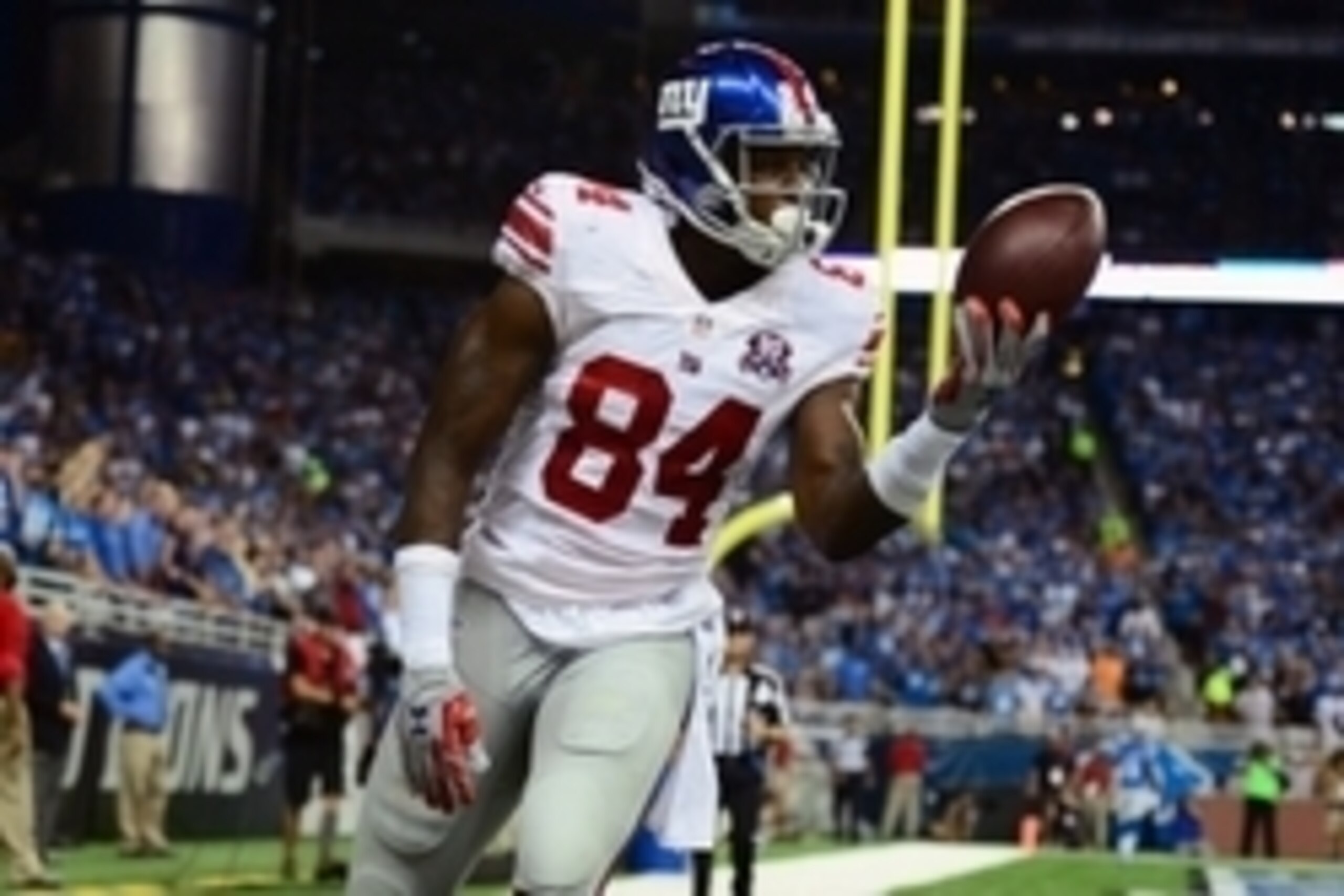 Sep 8, 2014; Detroit, MI, USA; New York Giants tight end Larry Donnell (84) celebrates after making a catch in the end zone for a touchdown during the second quarter against the Detroit Lions at Ford Field. Mandatory Credit: Andrew Weber-USA TODAY Sports
