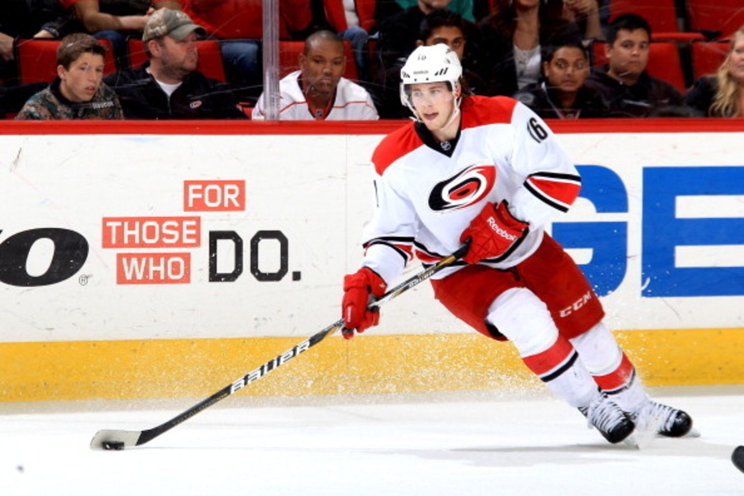 RALEIGH, NC - MARCH 29: Elias Lindholm #16 of the Carolina Hurricanes controls the puck on the ice during their NHL game against the Columbus Blue Jacket at PNC Arena on March 29, 2014 in Raleigh, North Carolina. (Photo by Gregg Forwerck/NHLI via Getty Im