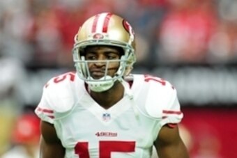 Sep 21, 2014; Glendale, AZ, USA; San Francisco 49ers wide receiver Michael Crabtree (15) warms up prior to the game against the Arizona Cardinals at University of Phoenix Stadium. Mandatory Credit: Matt Kartozian-USA TODAY Sports