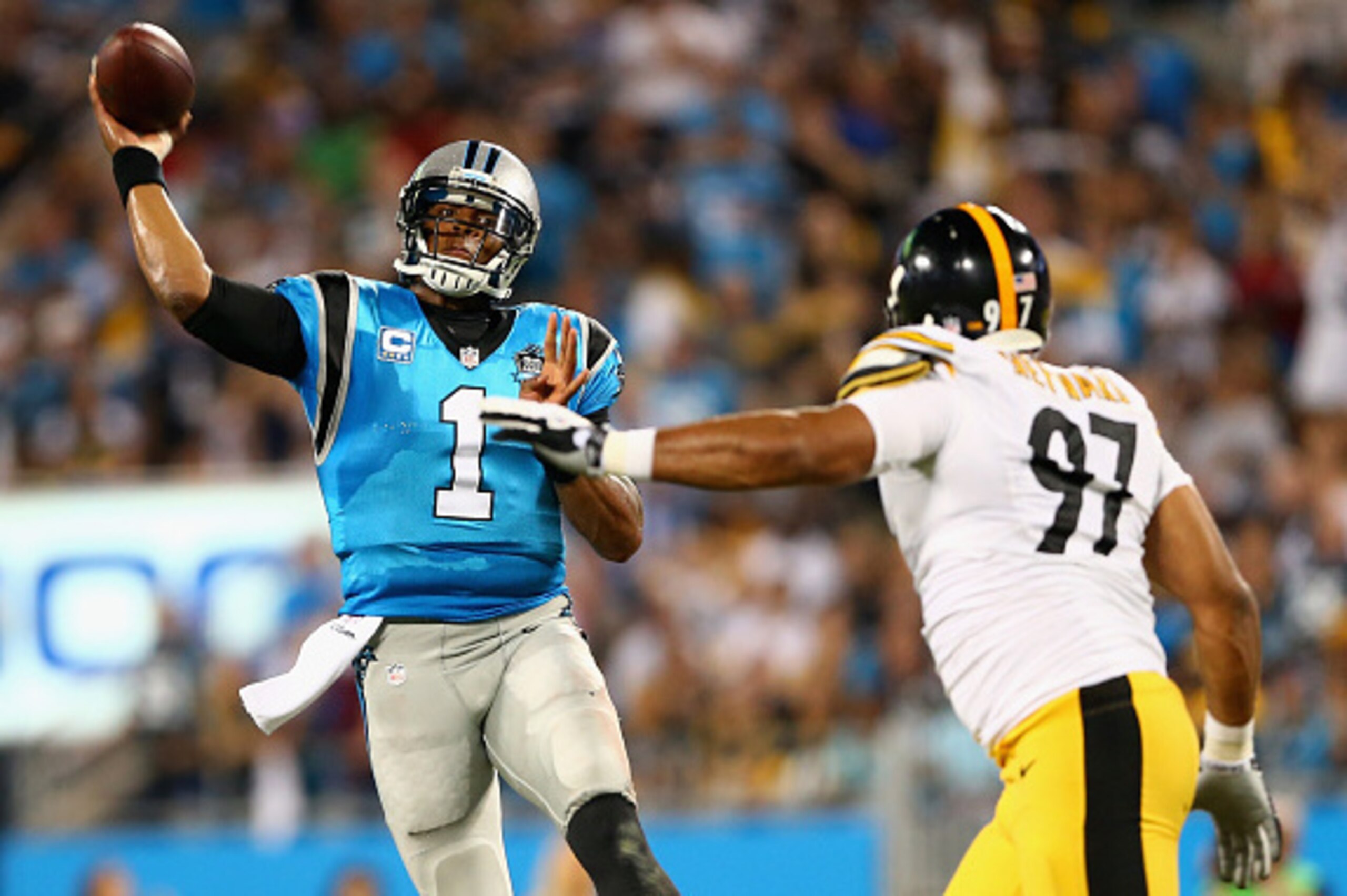 CHARLOTTE, NC - SEPTEMBER 21: Cam Newton #1 of the Carolina Panthers throws the ball against the Pittsburgh Steelers in the 1st quarter during the game at Bank of America Stadium on September 21, 2014 in Charlotte, North Carolina. (Photo by Streeter Le CHARLOTTE, NC - SEPTEMBER 21: Cam Newton #1 of the Carolina Panthers throws the ball against the Pittsburgh Steelers in the 1st quarter during the game at Bank of America Stadium on September 21, 2014 in Charlotte, North Carolina. (Photo by Streeter Le