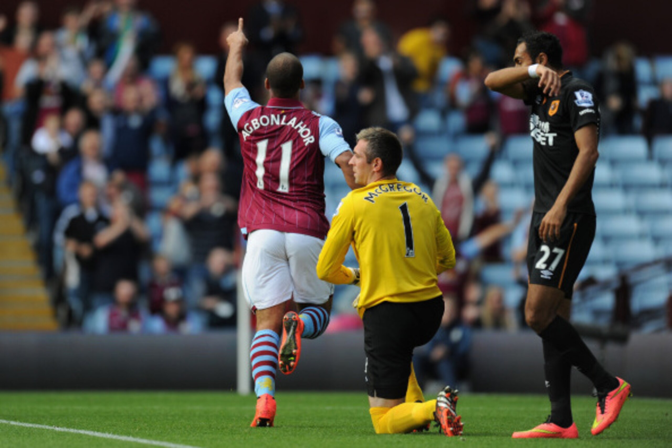 BIRMINGHAM, ENGLAND - AUGUST 31: Hull City goalkeeperAllan McGregor looks on as Aston Villa scorer Gabriel Agbonlahor celebrates during the Barclays Premier League match between Aston Villa and Hull City at Villa Park on August 31, 2014 in Birmingham, En BIRMINGHAM, ENGLAND - AUGUST 31: Hull City goalkeeperAllan McGregor looks on as Aston Villa scorer Gabriel Agbonlahor celebrates during the Barclays Premier League match between Aston Villa and Hull City at Villa Park on August 31, 2014 in Birmingham, En