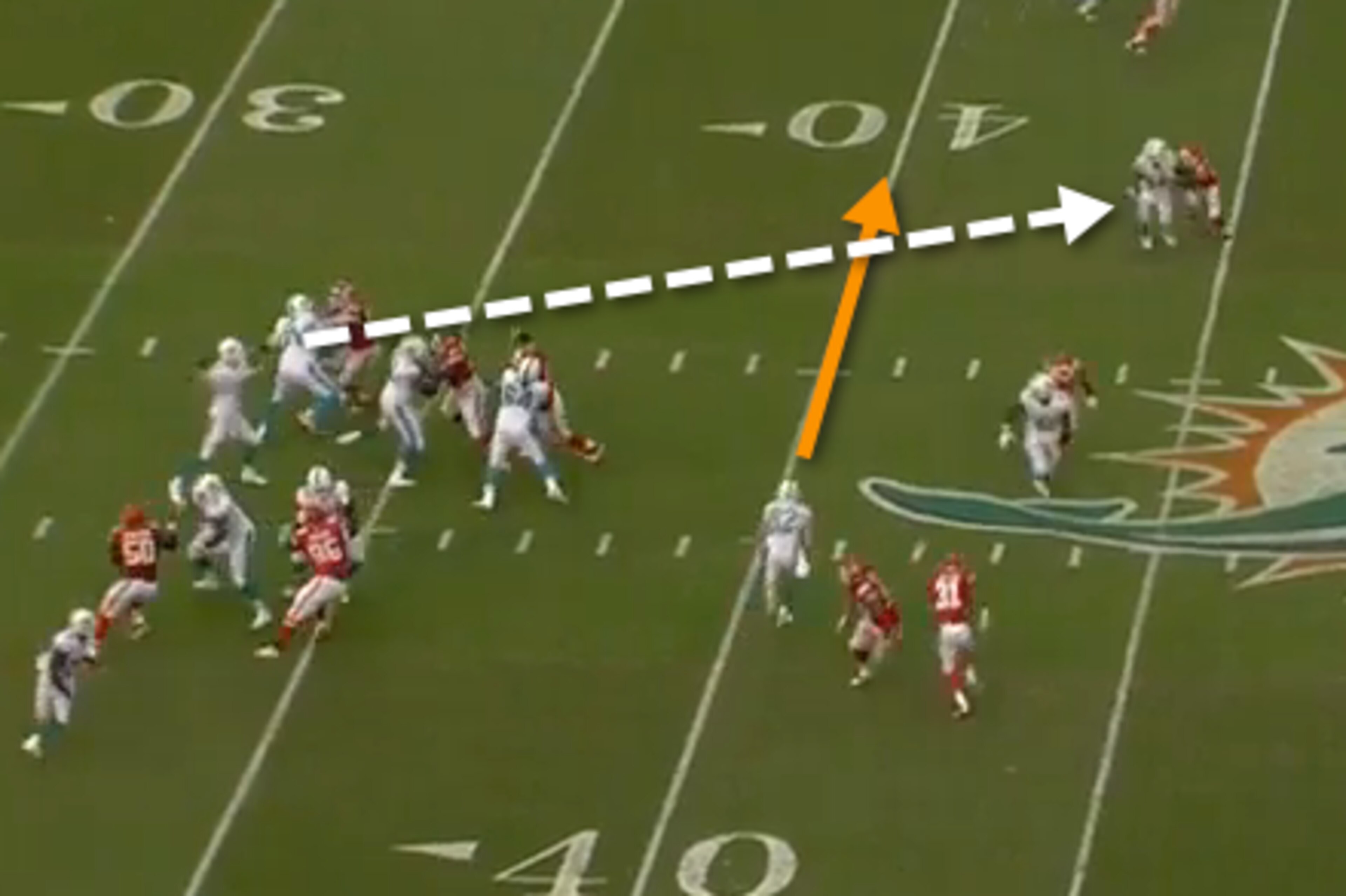 Tannehill passes up the easier pass to Hartline underneath to throw to a well-covered man