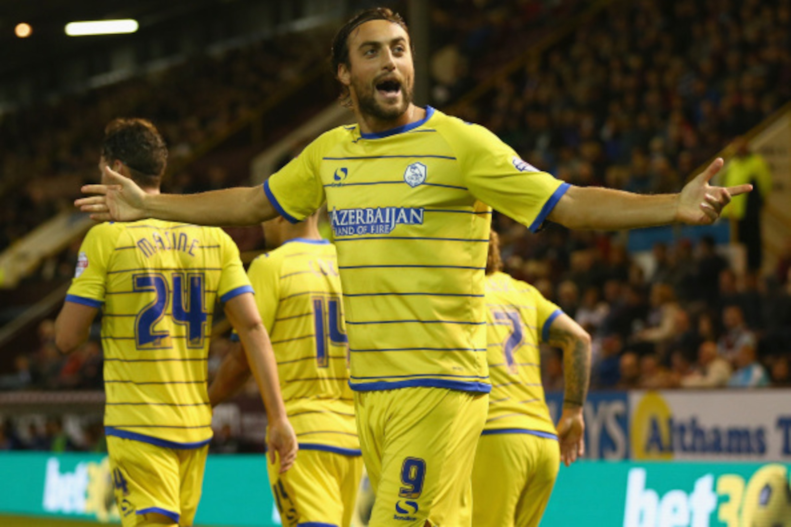BURNLEY, ENGLAND - AUGUST 26:  Atdhe Nuhiu of Sheffield Wednesday celebrates after scoring his teams first goal from the penalty spot during the Capital One Cup Second Round match between Burnley and Sheffield Wednesday at Turf Moor on August 26, 2014 in 