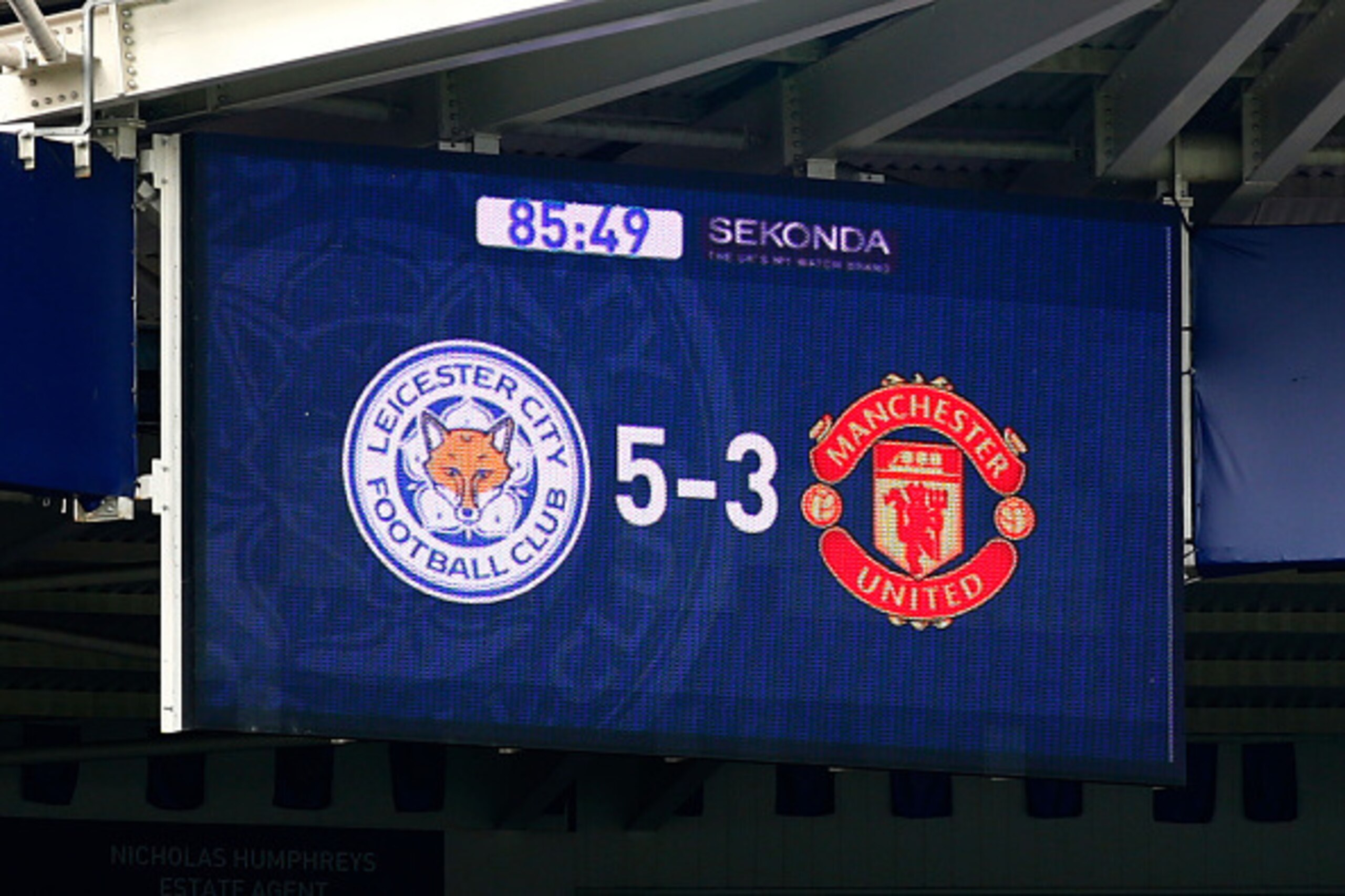 LEICESTER, ENGLAND - SEPTEMBER 21:  The stadium scoreboard dislpays the final score during the Barclays Premier League match between Leicester City and Manchester United at The King Power Stadium on September 21, 2014 in Leicester, England.  (Photo by Cli