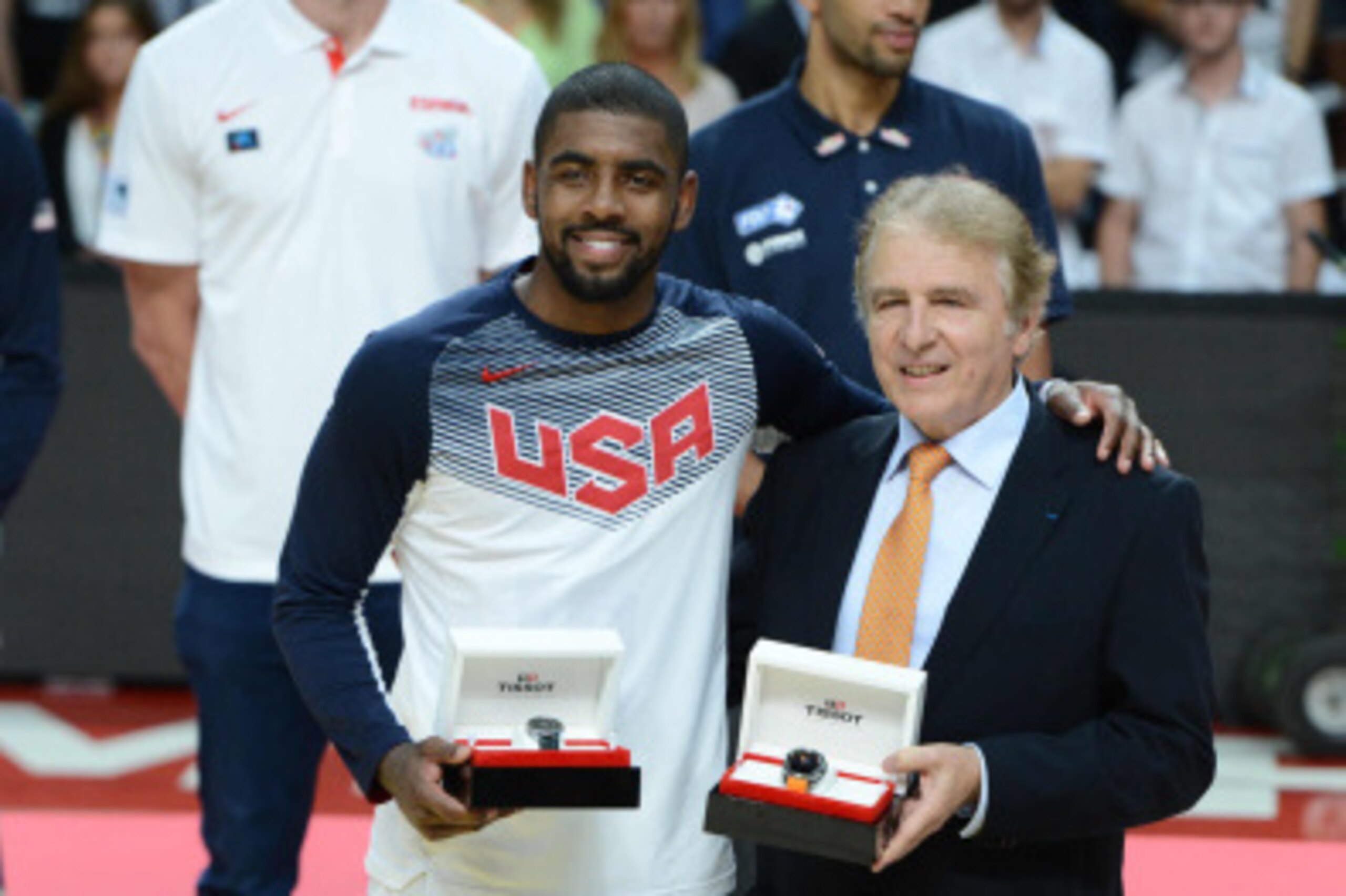 MADRID, SPAIN - SEPTEMBER 14: Kyrie Irving #10 of the USA Men's National Team is named the MVP of the tournament after defeating the Serbia National Team in the 2014 FIBA World Cup Finals at Palacio de Deportes on September 14, 2014 in Madrid, Spain.  NOT