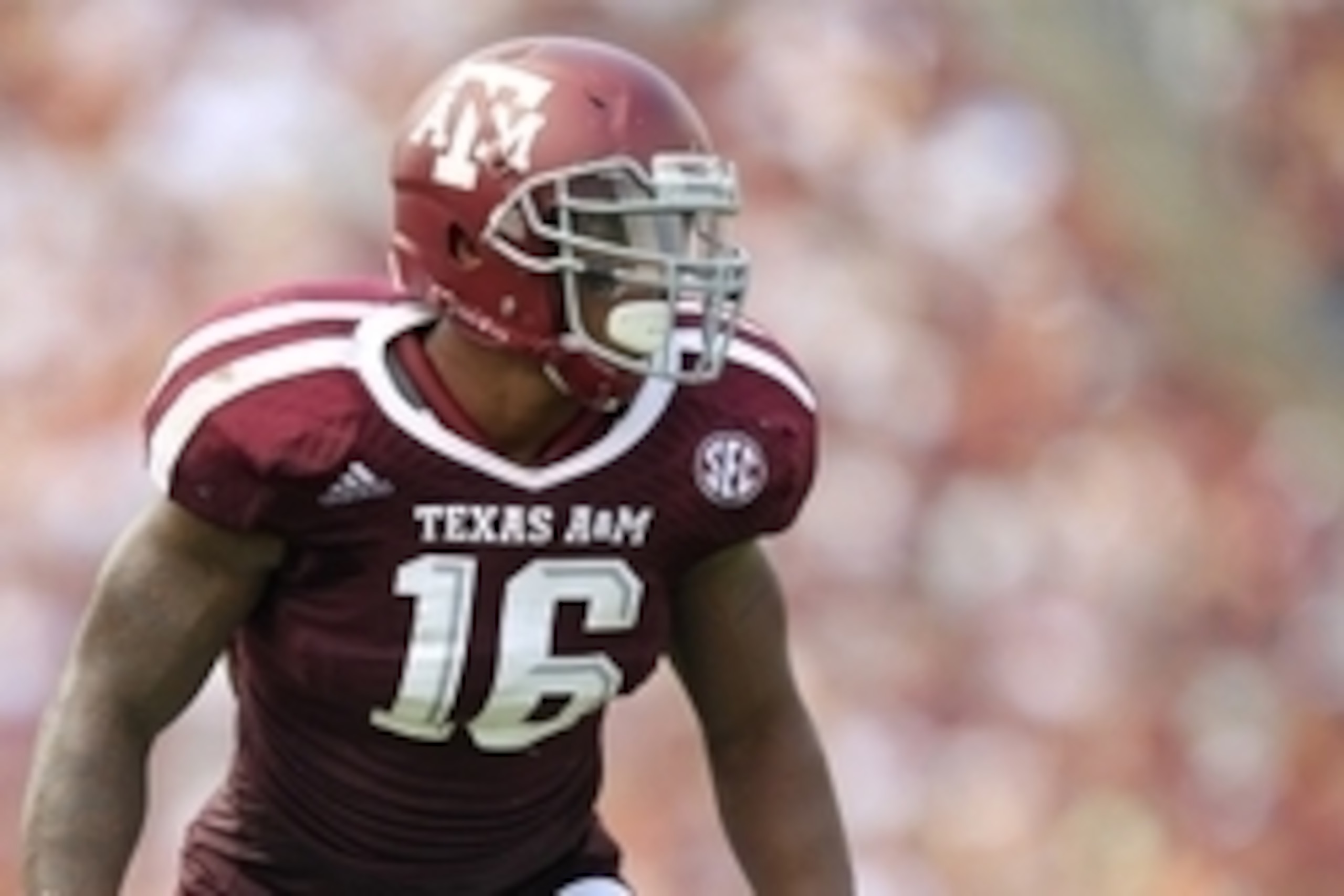 Aug 31, 2013; College Station, TX, USA; Texas A&M Aggies linebacker Donnie Baggs (16) defends against the Rice Owls during the second half at Kyle Field. Texas A&M won 52-31. Mandatory Credit: Thomas Campbell-USA TODAY Sports