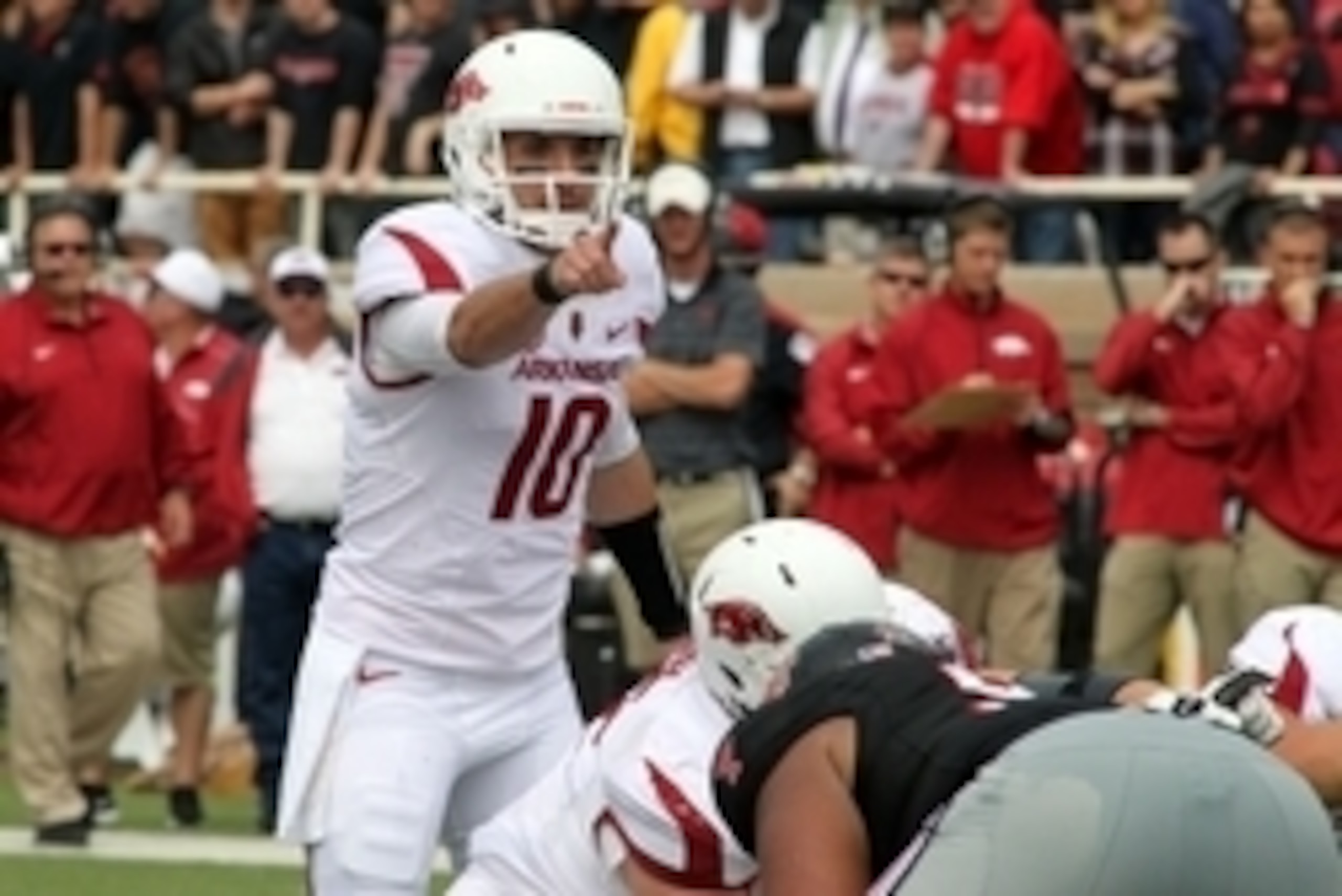 Sep 13, 2014; Lubbock, TX, USA; Arkansas Razorbacks quarterback Brandon Allen (10) calls a play against the Texas Tech Red Raiders in the first half at Jones AT&T Stadium. Mandatory Credit: Michael C. Johnson-USA TODAY Sports