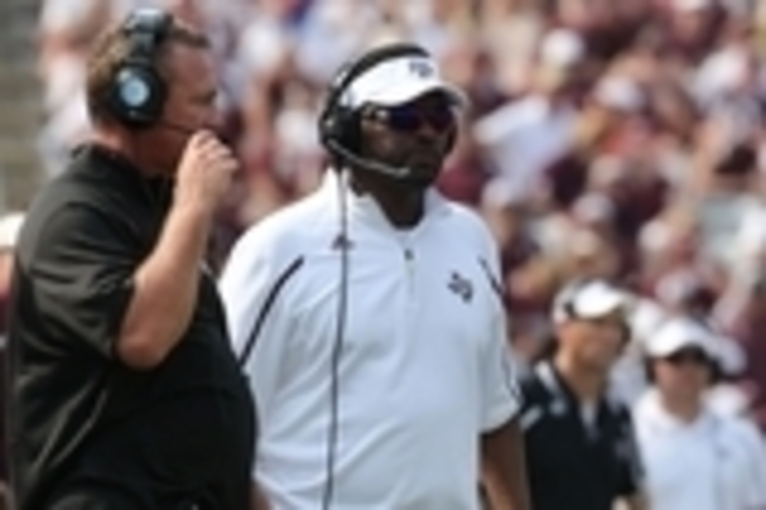 Sep 14, 2013; College Station, TX, USA; Texas A&M Aggies defensive coordinator Mark Snyder (left) with head coach Kevin Sumlin against the Alabama Crimson Tide at Kyle Field. Mandatory Credit: Matthew Emmons-USA TODAY Sports