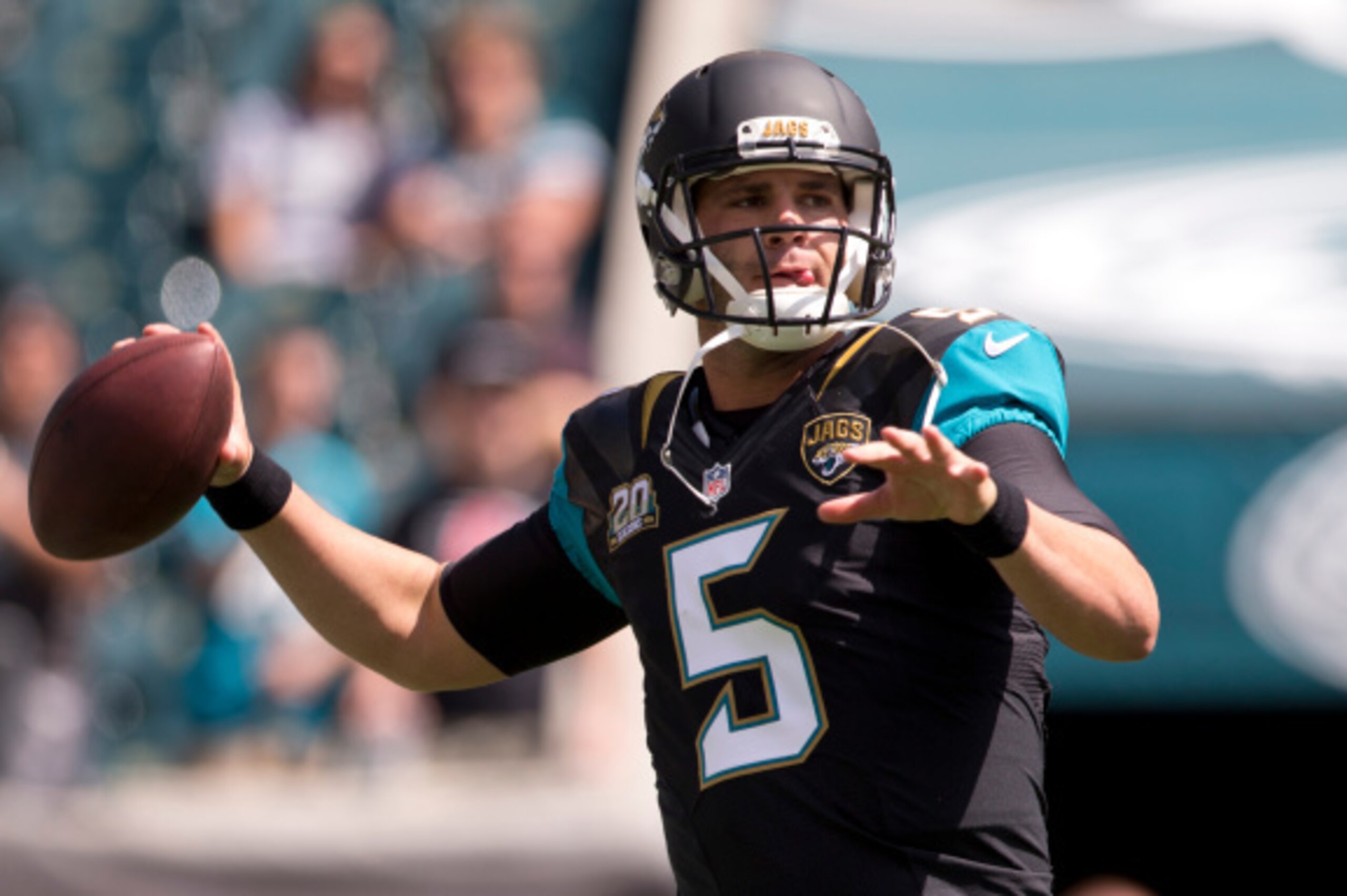 PHILADELPHIA, PA - SEPTEMBER 7: Quarterback Blake Bortles #5 of the Jacksonville Jaguars warms up prior to the game against the Philadelphia Eagles on September 7, 2014 at Lincoln Financial Field in Philadelphia, Pennsylvania. (Photo by Mitchell Leff/Gett