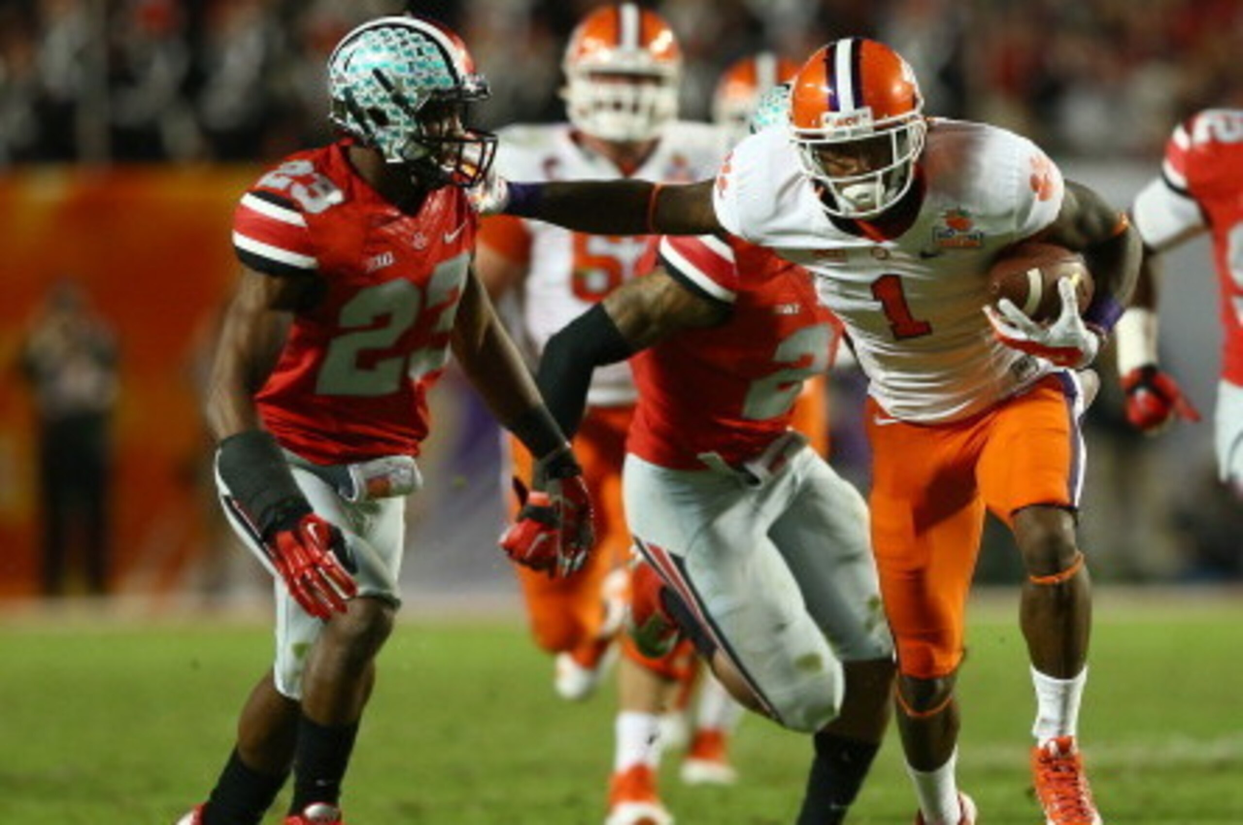 MIAMI GARDENS, FL - JANUARY 03: Martavis Bryant #1 of the Clemson Tigers runs with the ball in the second quarter against Tyvis Powell #23 of the Ohio State Buckeyes during the Discover Orange Bowl at Sun Life Stadium on January 3, 2014 in Miami Gardens, MIAMI GARDENS, FL - JANUARY 03: Martavis Bryant #1 of the Clemson Tigers runs with the ball in the second quarter against Tyvis Powell #23 of the Ohio State Buckeyes during the Discover Orange Bowl at Sun Life Stadium on January 3, 2014 in Miami Gardens,