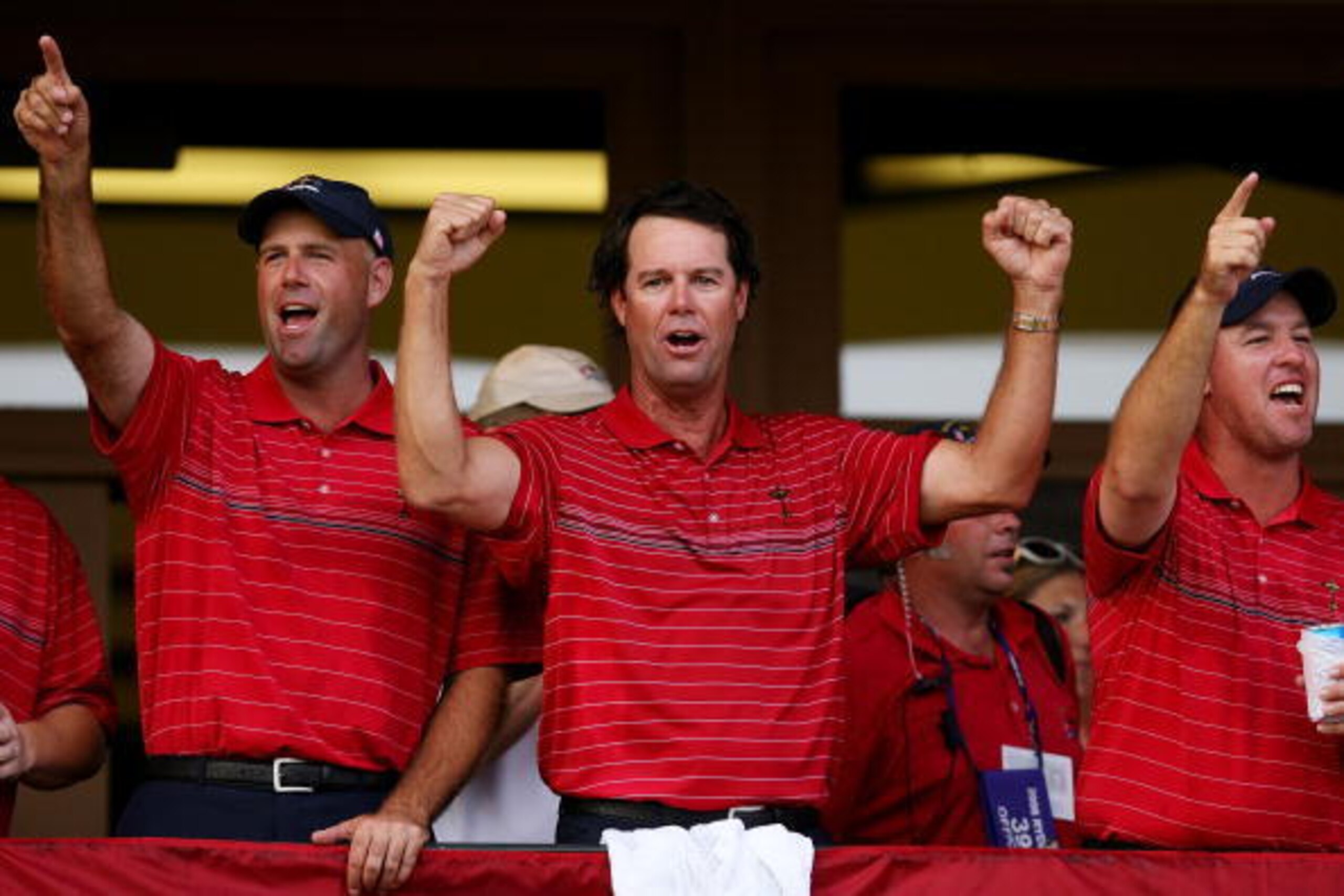 LOUISVILLE, KY - SEPTEMBER 21:  (L-R) Stewart Cink, Captain Paul Azinger and Boo Weekley celebrate the USA 16 1/2 - 11 1/2 victory on the final day of the 2008 Ryder Cup at Valhalla Golf Club on September 21, 2008 in Louisville, Kentucky.  (Photo by Andy