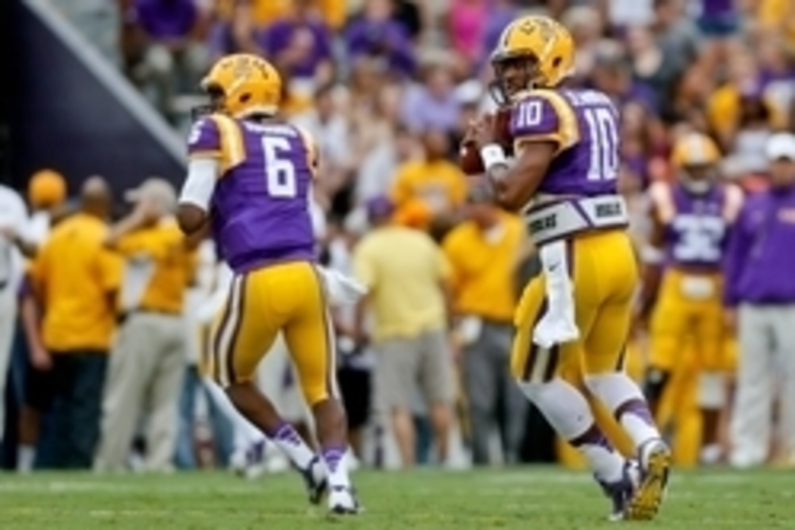 Sep 13, 2014; Baton Rouge, LA, USA; LSU Tigers quarterback Anthony Jennings (10) and quarterback Brandon Harris (6) prior to a game against the Louisiana Monroe Warhawks at Tiger Stadium. Mandatory Credit: Derick E. Hingle-USA TODAY Sports Sep 13, 2014; Baton Rouge, LA, USA; LSU Tigers quarterback Anthony Jennings (10) and quarterback Brandon Harris (6) prior to a game against the Louisiana Monroe Warhawks at Tiger Stadium. Mandatory Credit: Derick E. Hingle-USA TODAY Sports