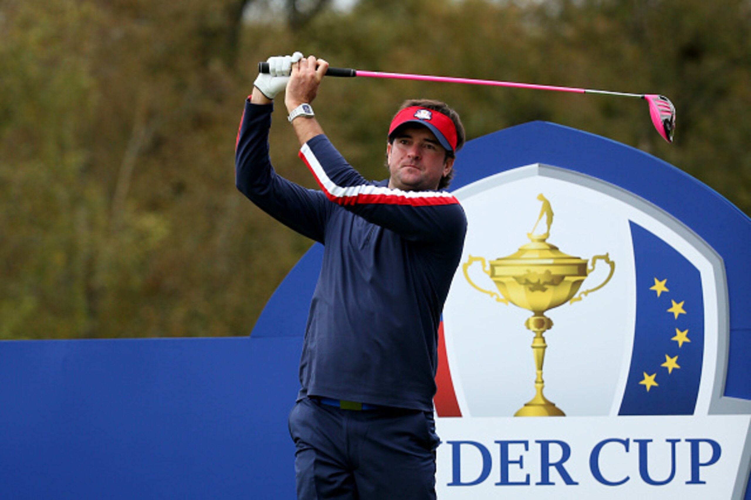 AUCHTERARDER, SCOTLAND - SEPTEMBER 23:  Bubba Watson of the United States tees off on seven ahead of the 2014 Ryder Cup on the PGA Centenary course at the Gleneagles Hotel on September 23, 2014 in Auchterarder, Scotland.  (Photo by Mike Ehrmann/Getty Imag