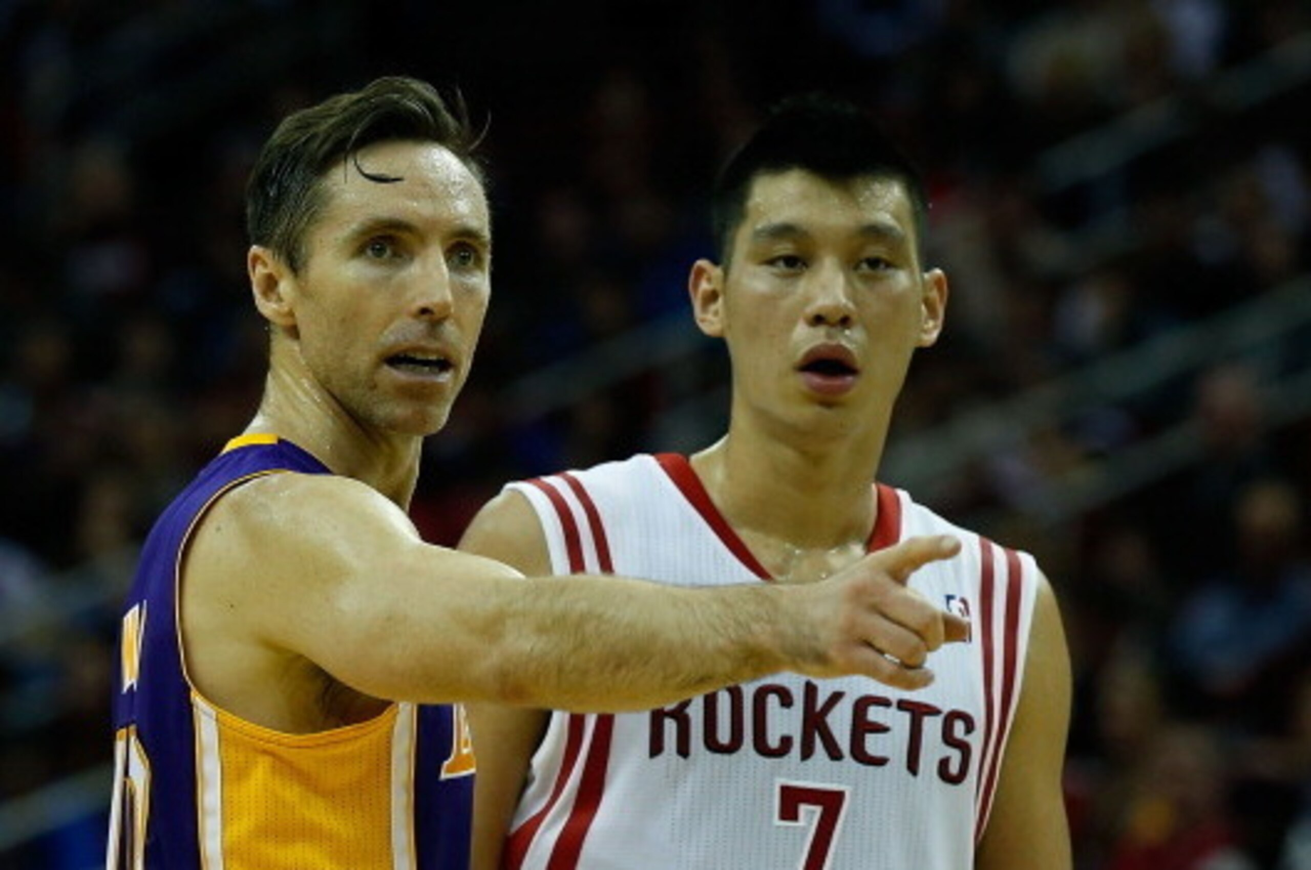 HOUSTON, TX - JANUARY 08: Jeremy Lin #7 of the Houston Rockets and Steve Nash #10 of the Los Angeles Lakers wait for a play at Toyota Center on January 8, 2013 in Houston, Texas. NOTE TO USER: User expressly acknowledges and agrees that, by downloading HOUSTON, TX - JANUARY 08: Jeremy Lin #7 of the Houston Rockets and Steve Nash #10 of the Los Angeles Lakers wait for a play at Toyota Center on January 8, 2013 in Houston, Texas. NOTE TO USER: User expressly acknowledges and agrees that, by downloading