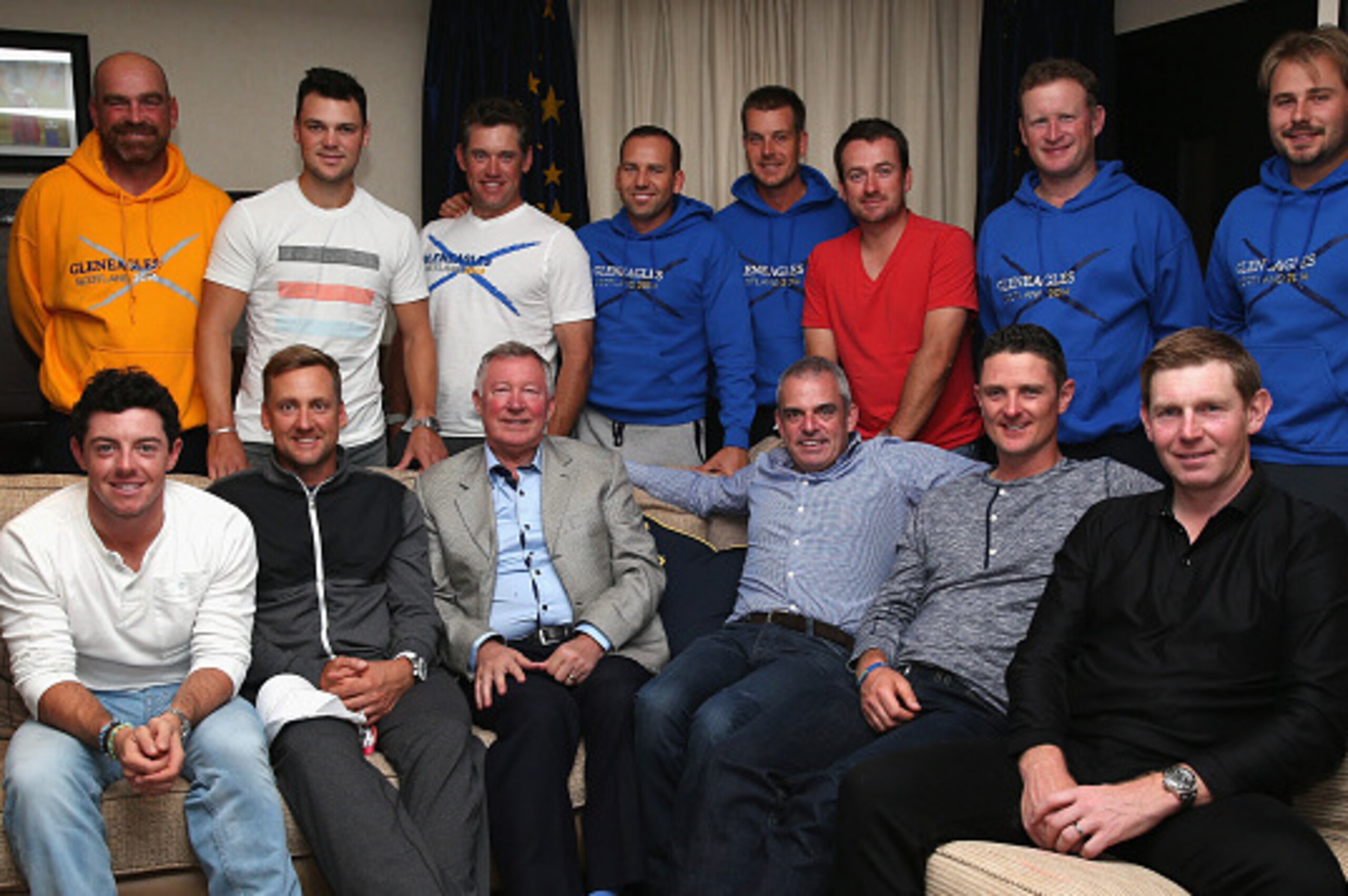 AUCHTERARDER, SCOTLAND - SEPTEMBER 23:  Sir Alex Ferguson, former manager of Manchester United, is pictured with The European Ryder Cup team after delivering a motivational speech ahead of the 2014 Ryder Cup on the PGA Centenary course at the Gleneagles H