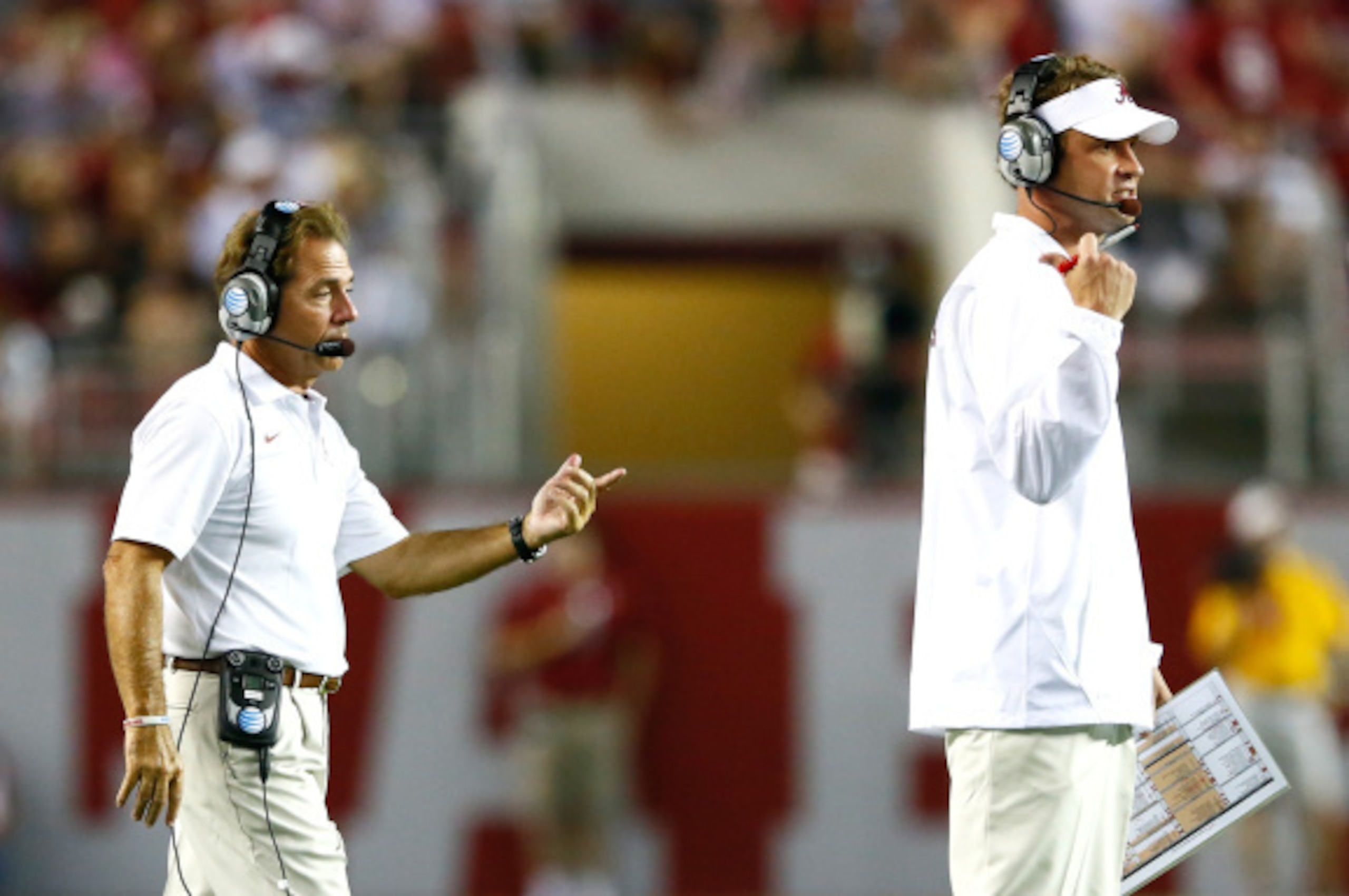 TUSCALOOSA, AL - SEPTEMBER 13:  Head coach Nick Saban of the Alabama Crimson Tide and offensive coordinator Lane Kiffin look on during the game against the Southern Miss Golden Eagles at Bryant-Denny Stadium on September 13, 2014 in Tuscaloosa, Alabama.  