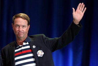 MEDINAH, IL - SEPTEMBER 30:  Davis Love III addresses the crowd at the closing ceremonies after Europe defeated the USA 14.5 to 13.5 to retain the Ryder Cup during the Singles Matches for The 39th Ryder Cup at Medinah Country Club on September 30, 2012 in