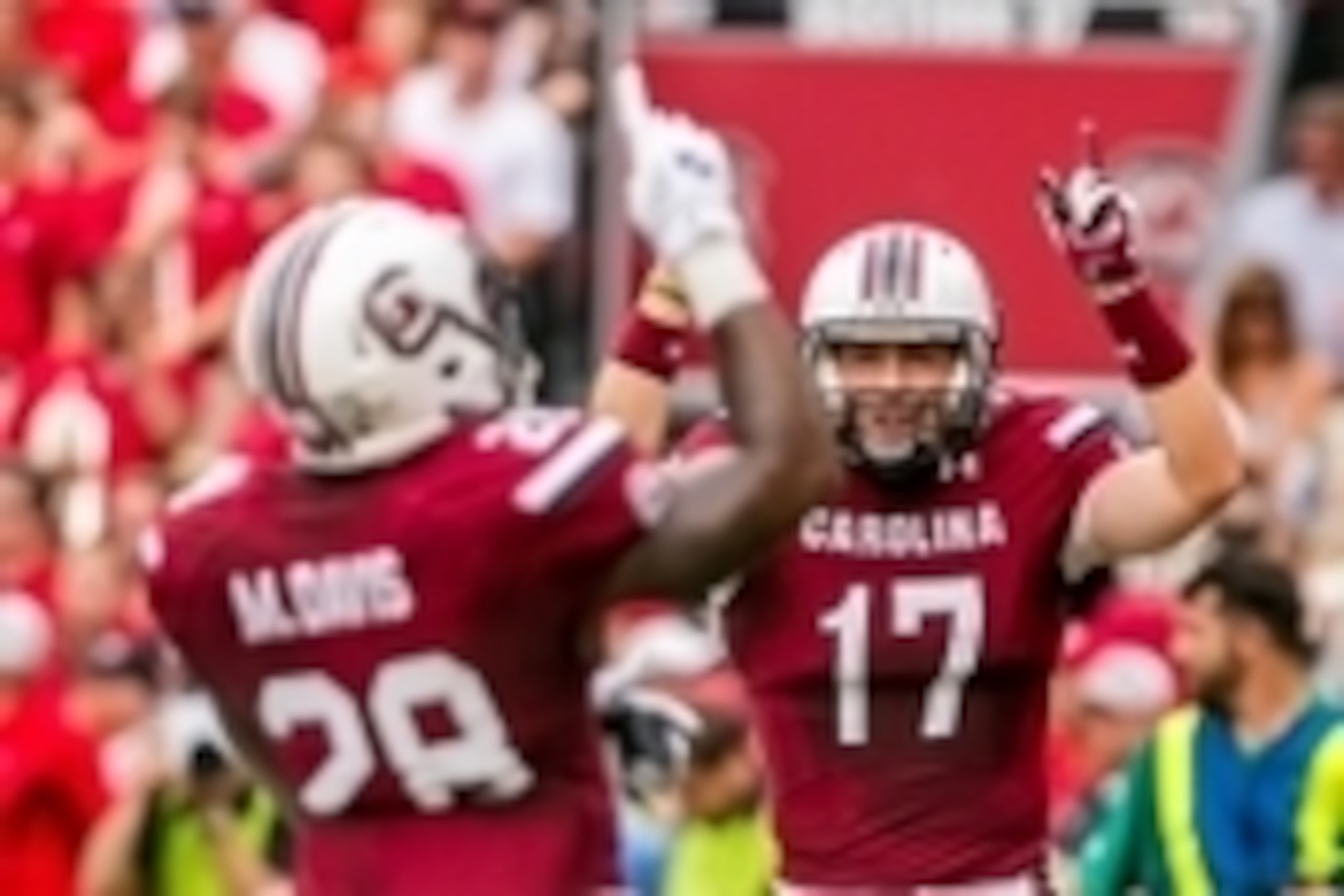 Sep 13, 2014; Columbia, SC, USA; South Carolina Gamecocks quarterback Dylan Thompson (17) celebrates a touchdown pass against the Georgia Bulldogs in the first quarter at Williams-Brice Stadium. Mandatory Credit: Jeff Blake-USA TODAY Sports